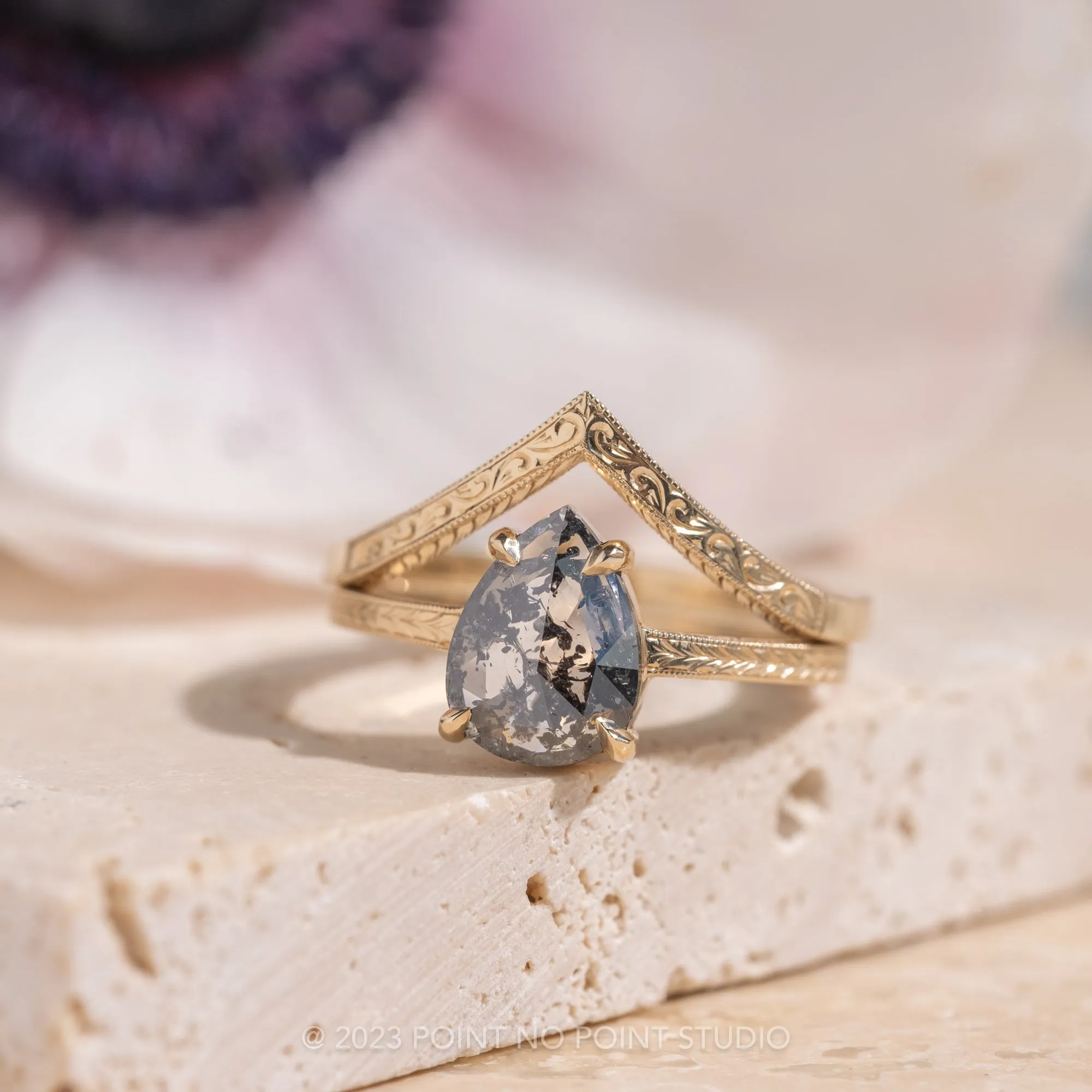 1.15 Carat Salt and Pepper Pear Diamond Engagement Ring, Engraved Jane Setting, 14K Yellow Gold
