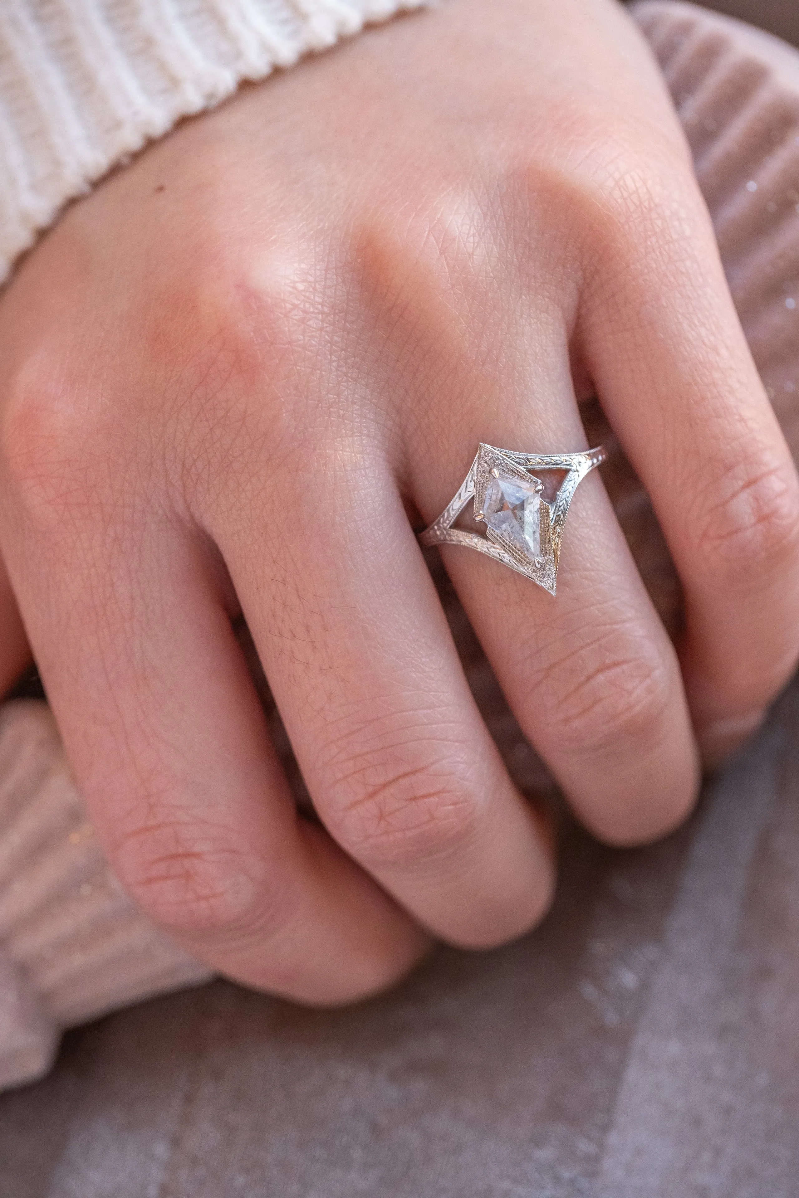 1.16 Carat Canadian Salt and Pepper Kite Diamond Engagement Ring, Engraved Arwen Setting, Platinum