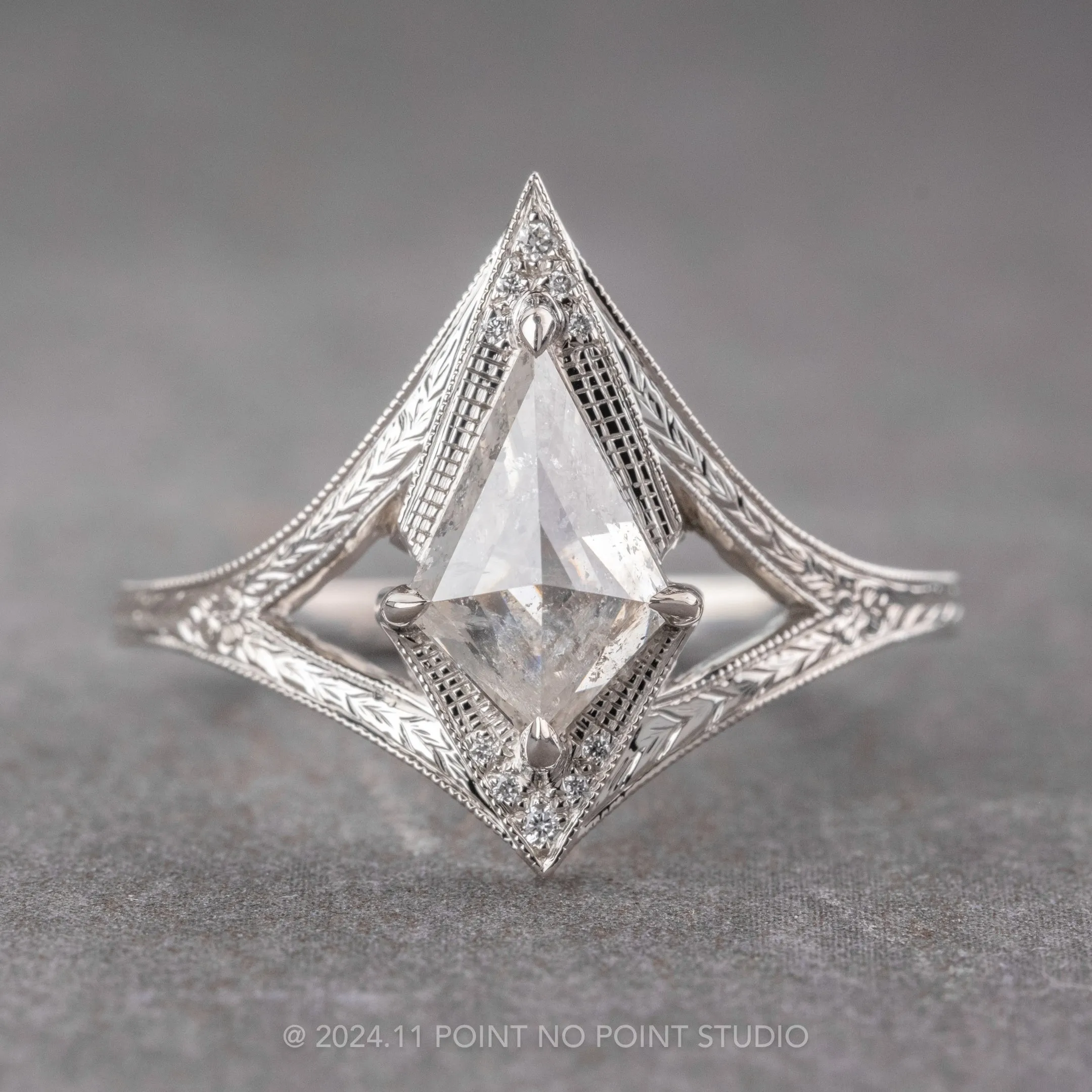 1.16 Carat Canadian Salt and Pepper Kite Diamond Engagement Ring, Engraved Arwen Setting, Platinum