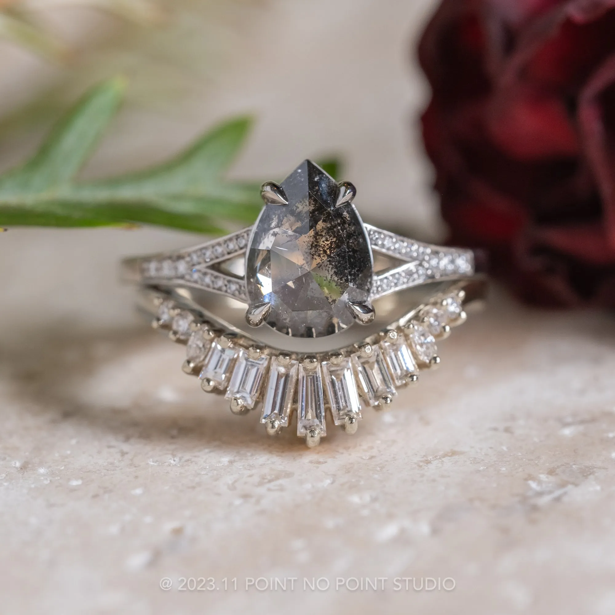 1.18 Carat Salt and Pepper Pear Diamond Engagement Ring, River Setting, Platinum
