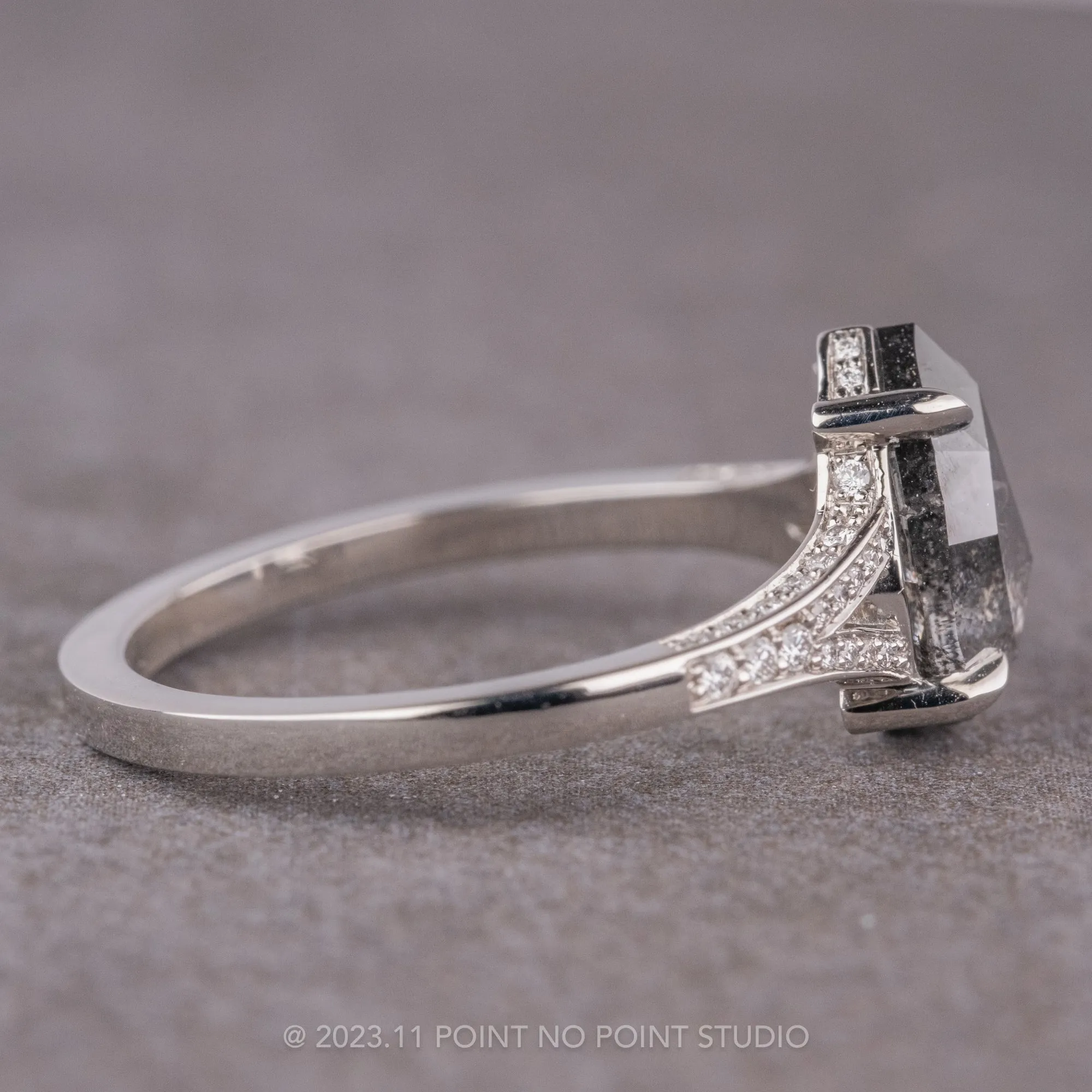 1.18 Carat Salt and Pepper Pear Diamond Engagement Ring, River Setting, Platinum