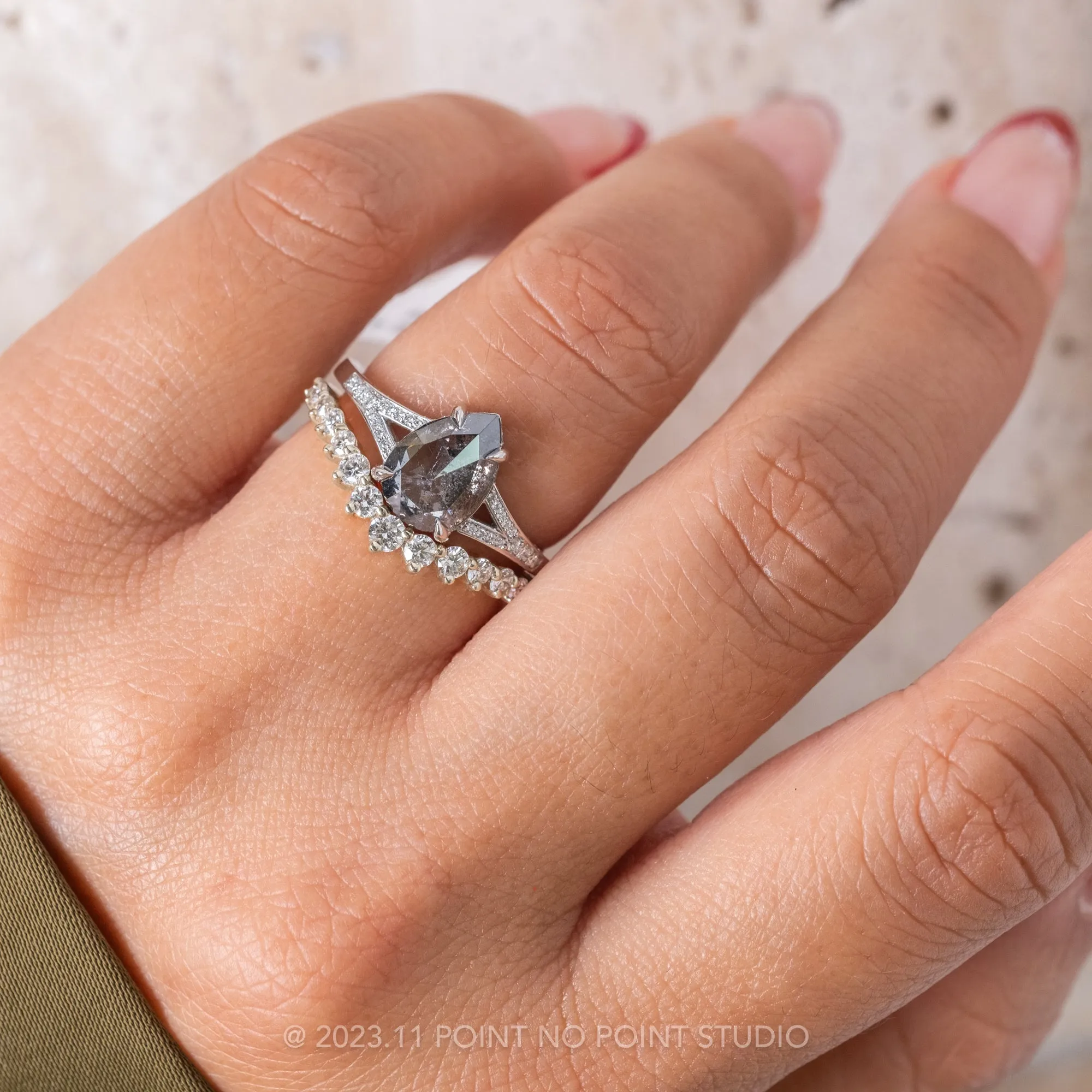 1.18 Carat Salt and Pepper Pear Diamond Engagement Ring, River Setting, Platinum