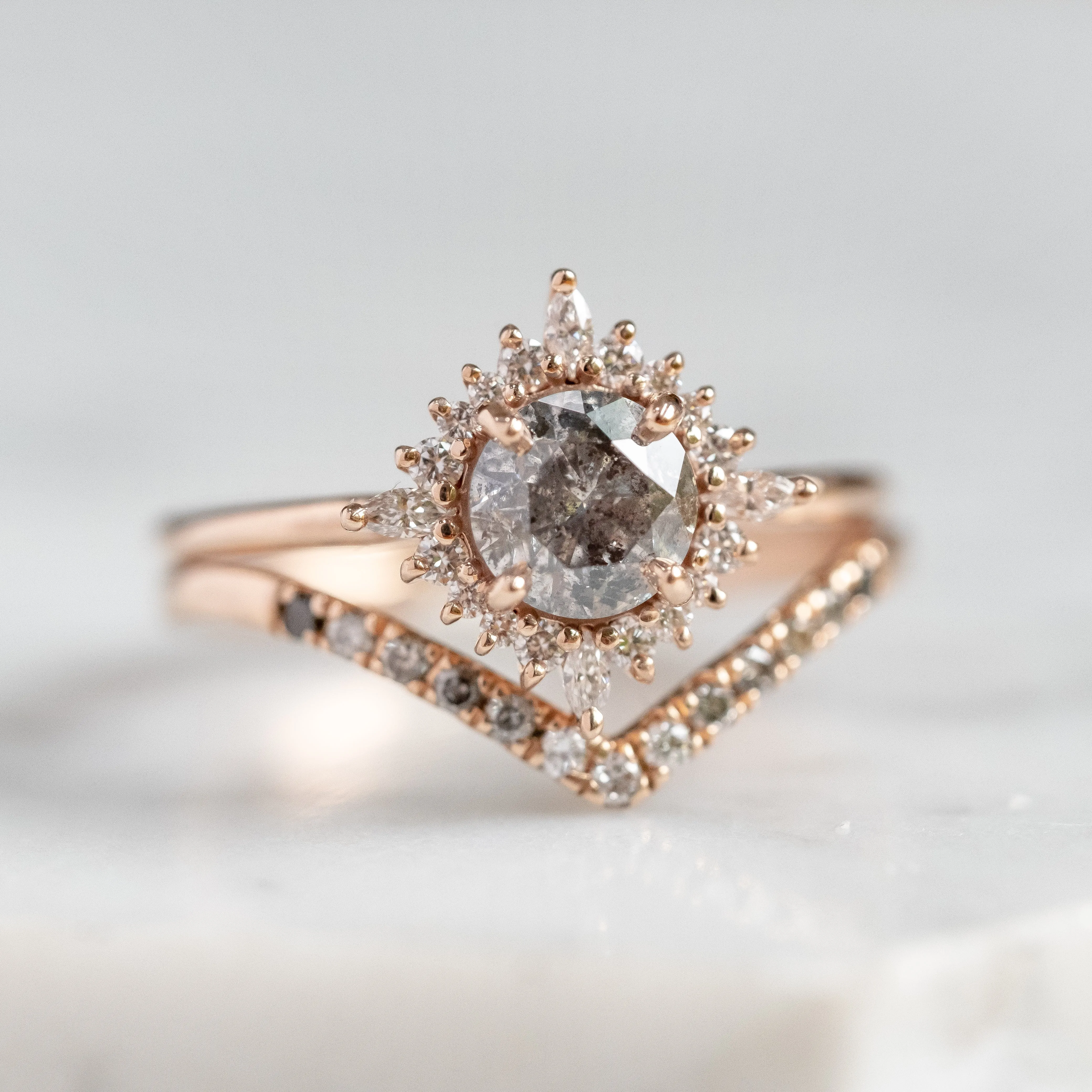 1.19 Carat Salt and Pepper Diamond Engagement Ring, Cosette Setting, 14k Rose Gold