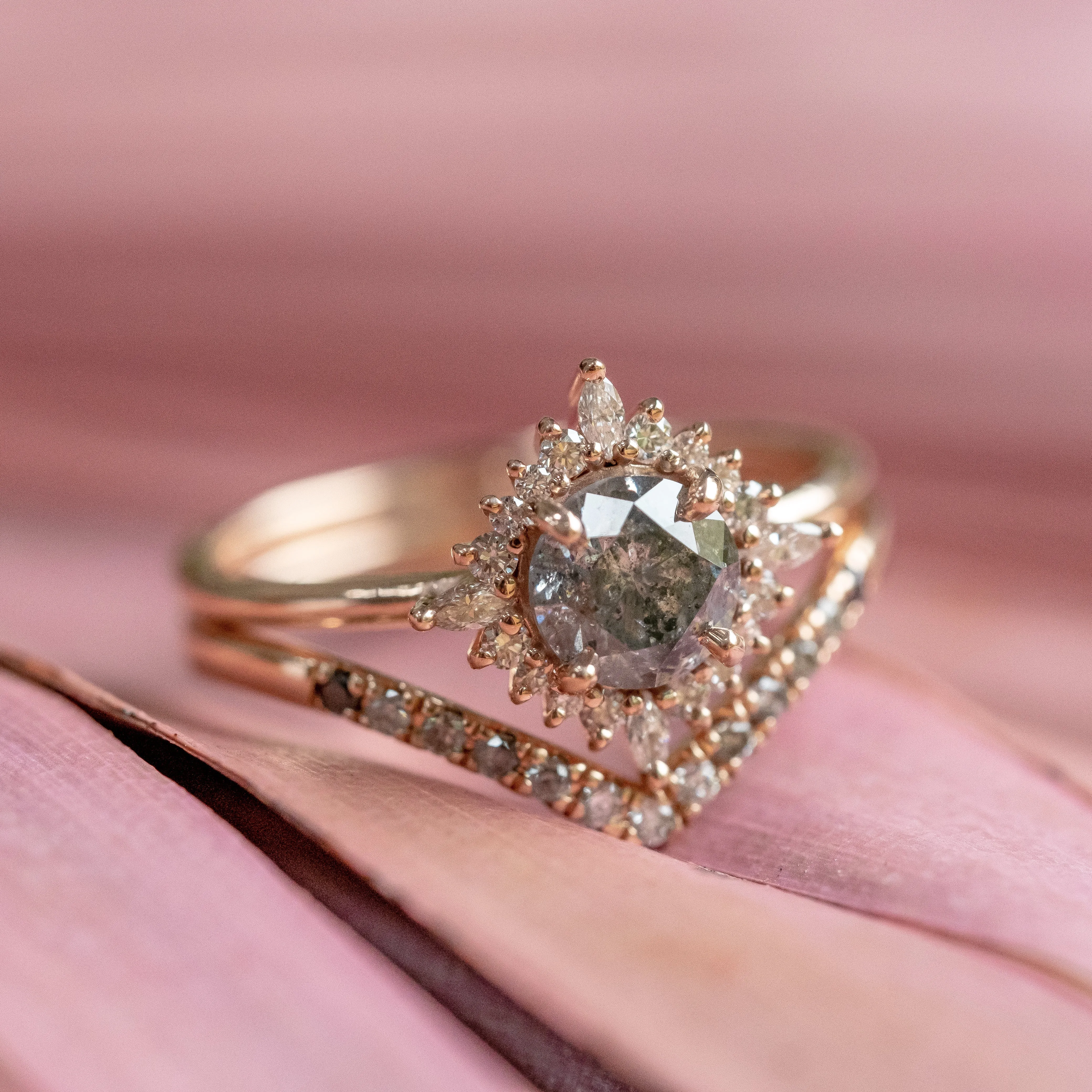 1.19 Carat Salt and Pepper Diamond Engagement Ring, Cosette Setting, 14k Rose Gold