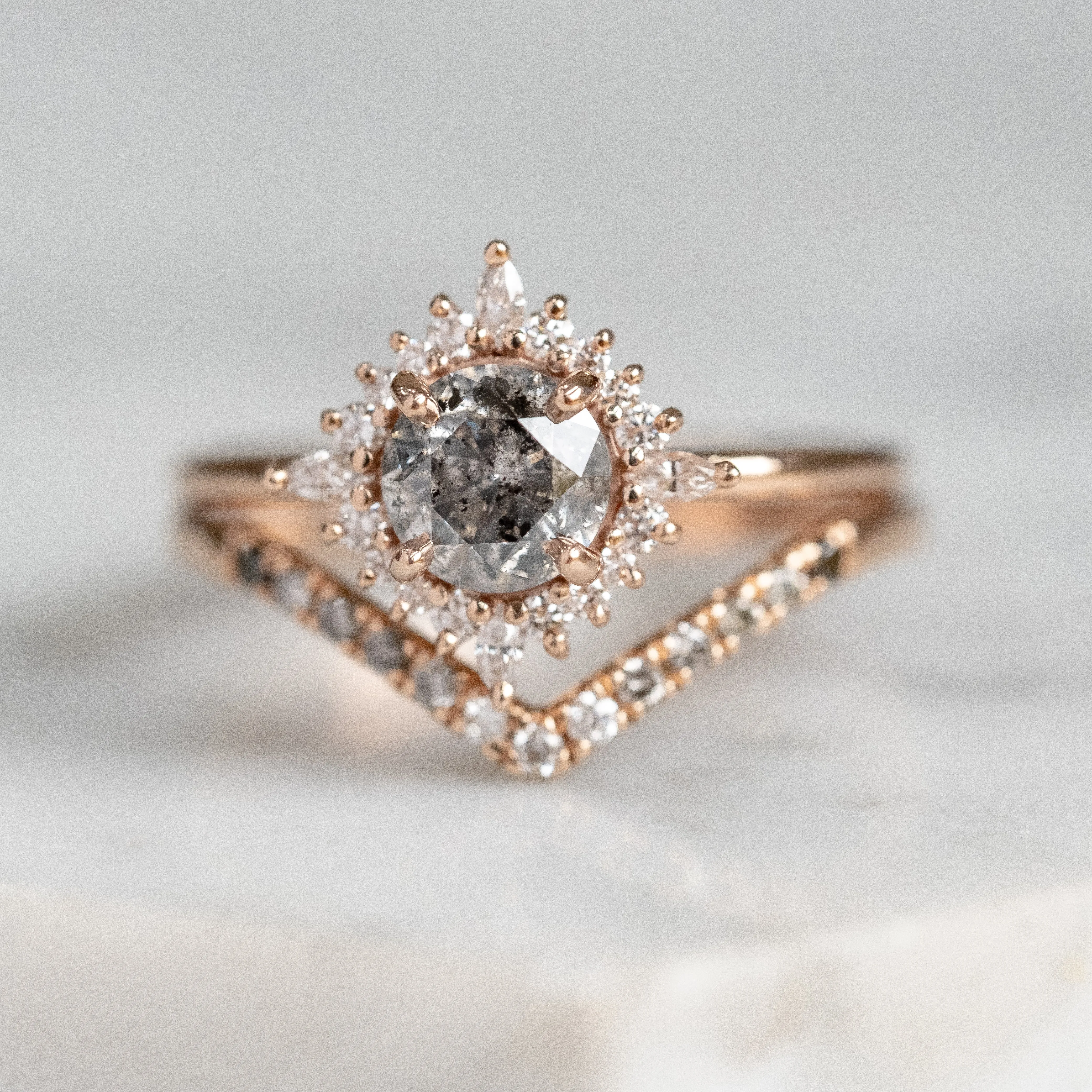 1.19 Carat Salt and Pepper Diamond Engagement Ring, Cosette Setting, 14k Rose Gold