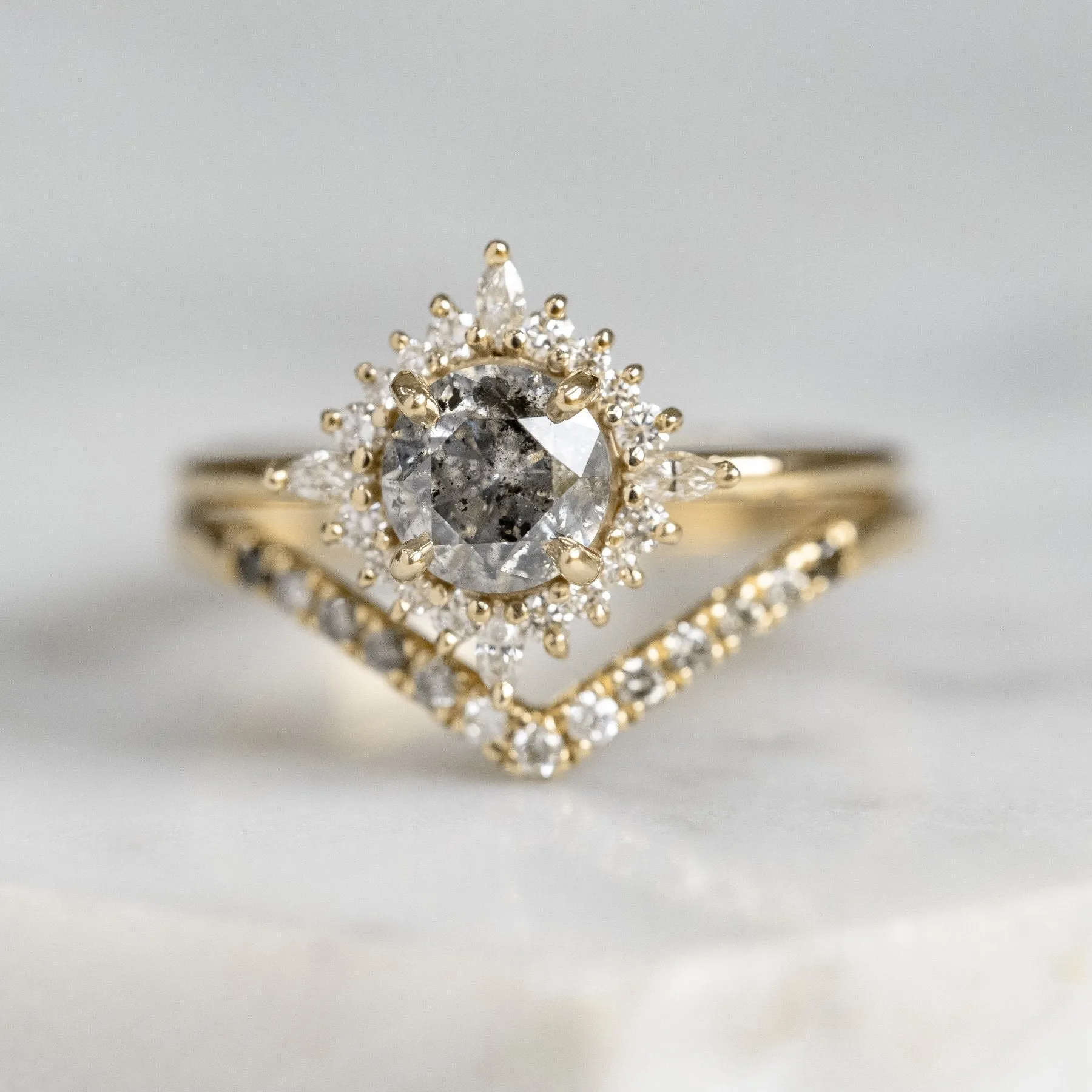 1.19 Carat Salt and Pepper Diamond Engagement Ring, Cosette Setting, 14k Yellow Gold