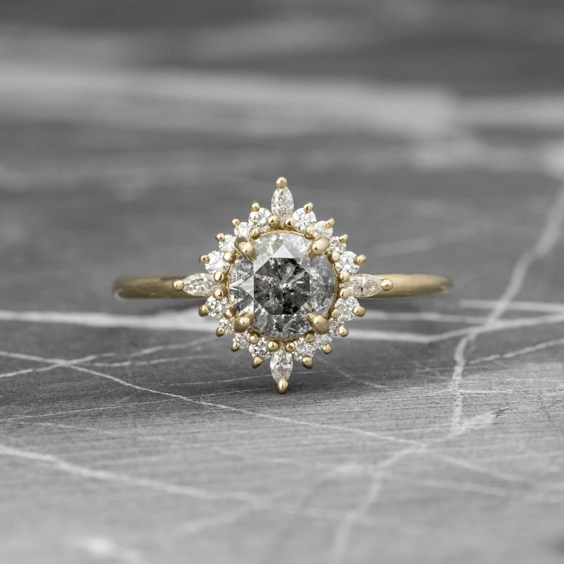 1.19 Carat Salt and Pepper Diamond Engagement Ring, Cosette Setting, 14k Yellow Gold