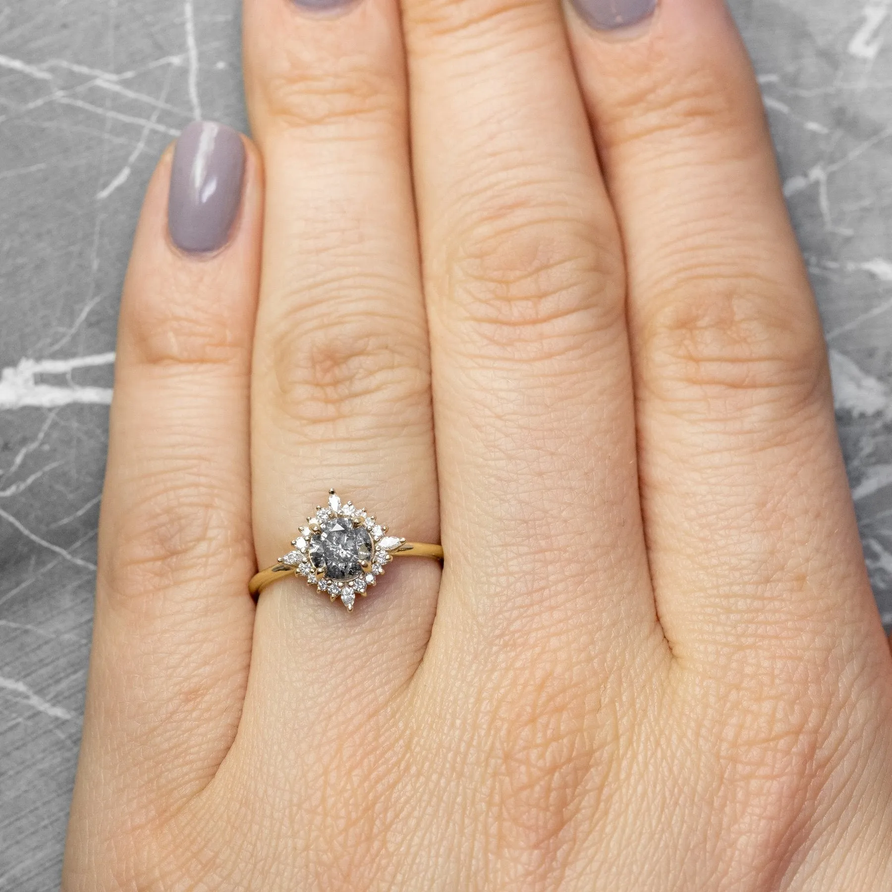1.19 Carat Salt and Pepper Diamond Engagement Ring, Cosette Setting, 14k Yellow Gold