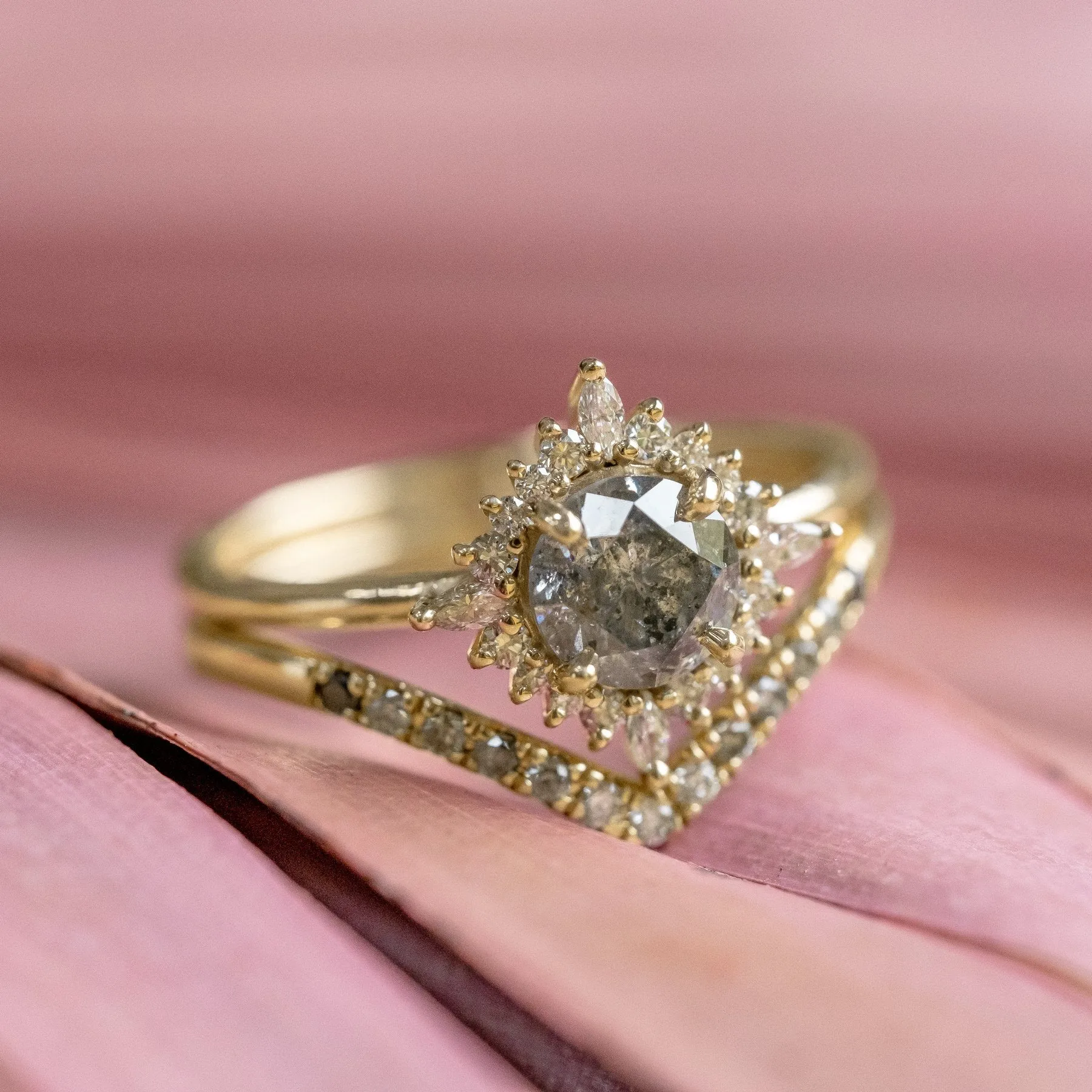 1.19 Carat Salt and Pepper Diamond Engagement Ring, Cosette Setting, 14k Yellow Gold
