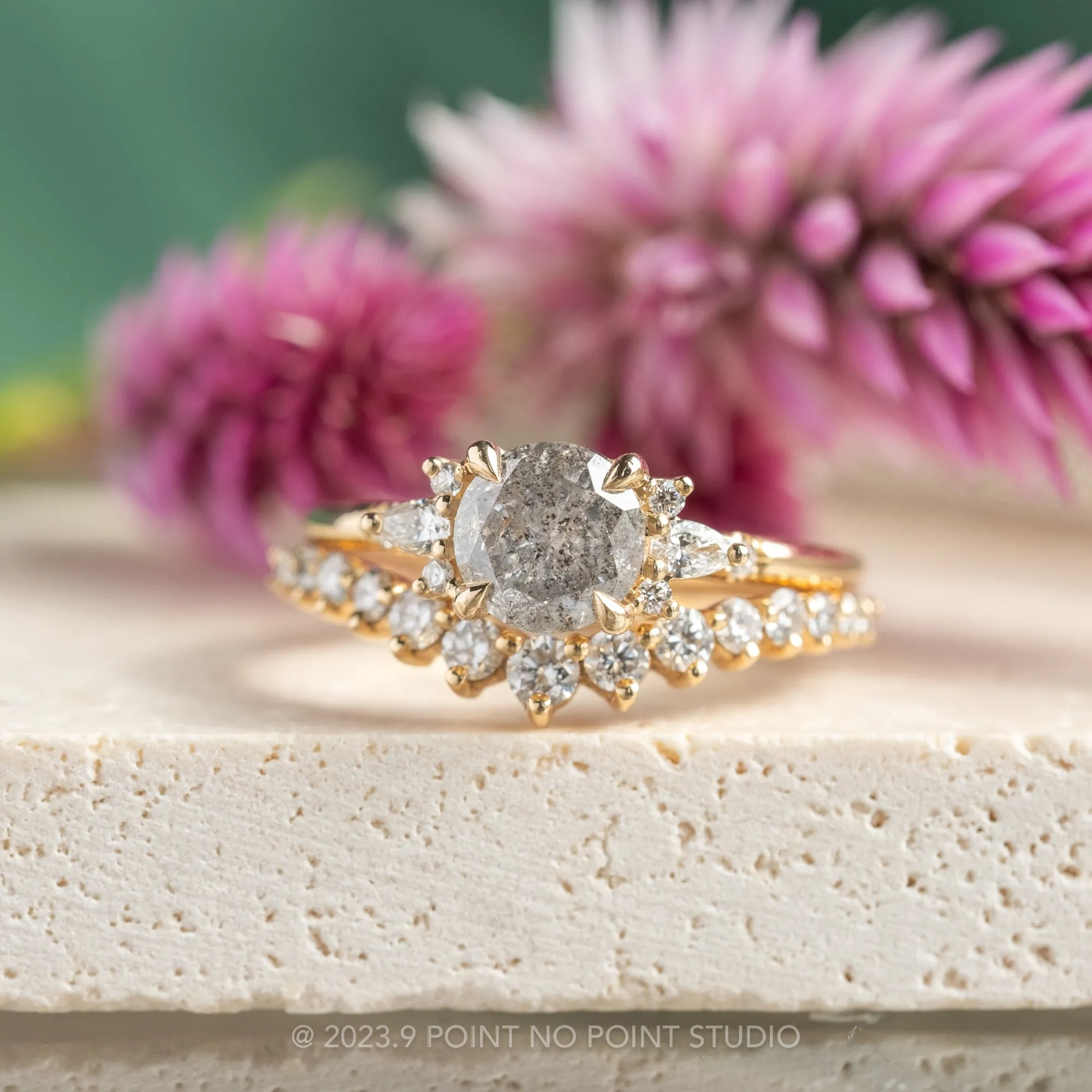1.19 Carat Salt and Pepper Round Diamond Engagement Ring, Charlotte Setting, 14K Yellow Gold