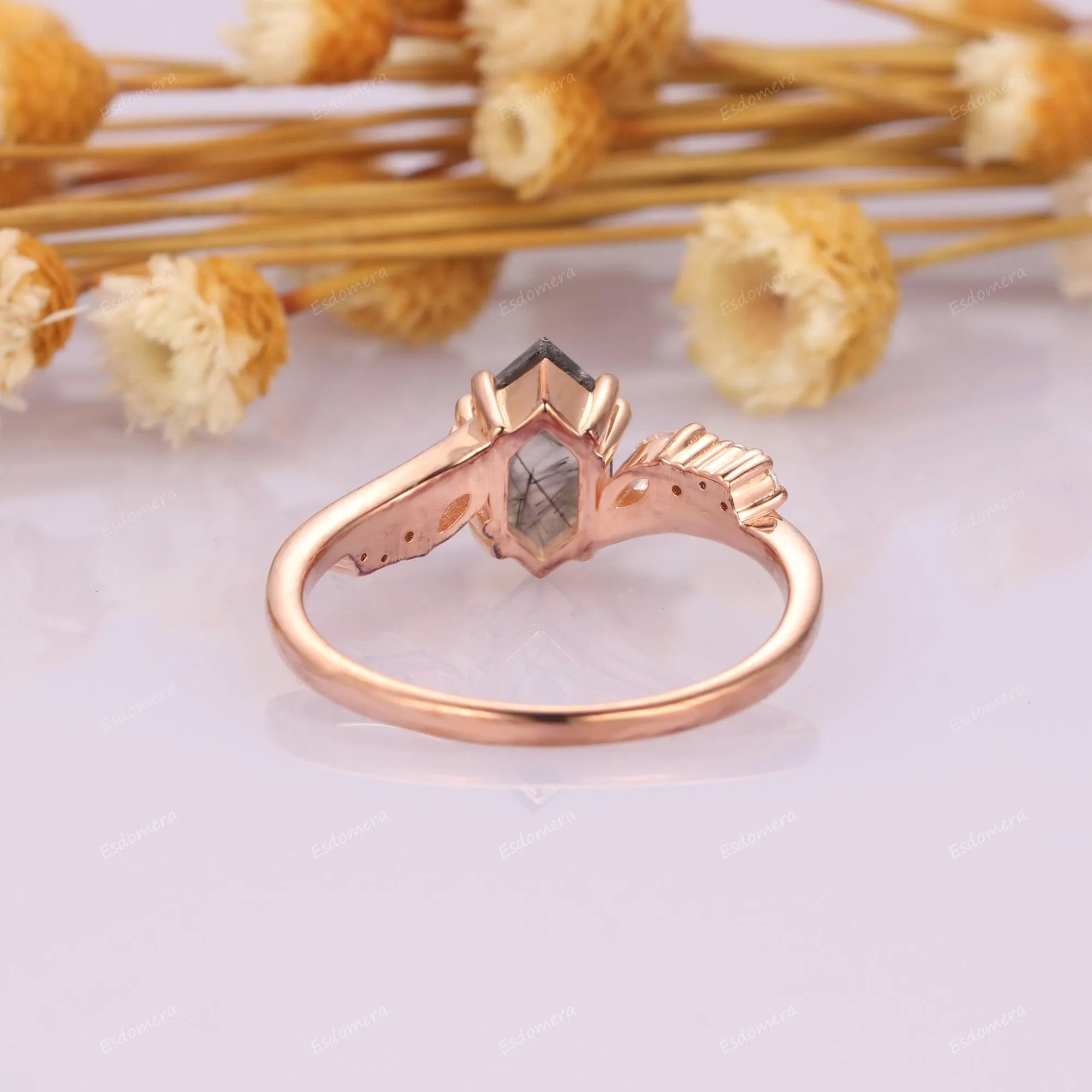 1.1CT Long Hexagon Cut Natural Black Rutilated Quartz 14k Rose Gold Birthday Moissanites Accents Anniversary Ring For Women