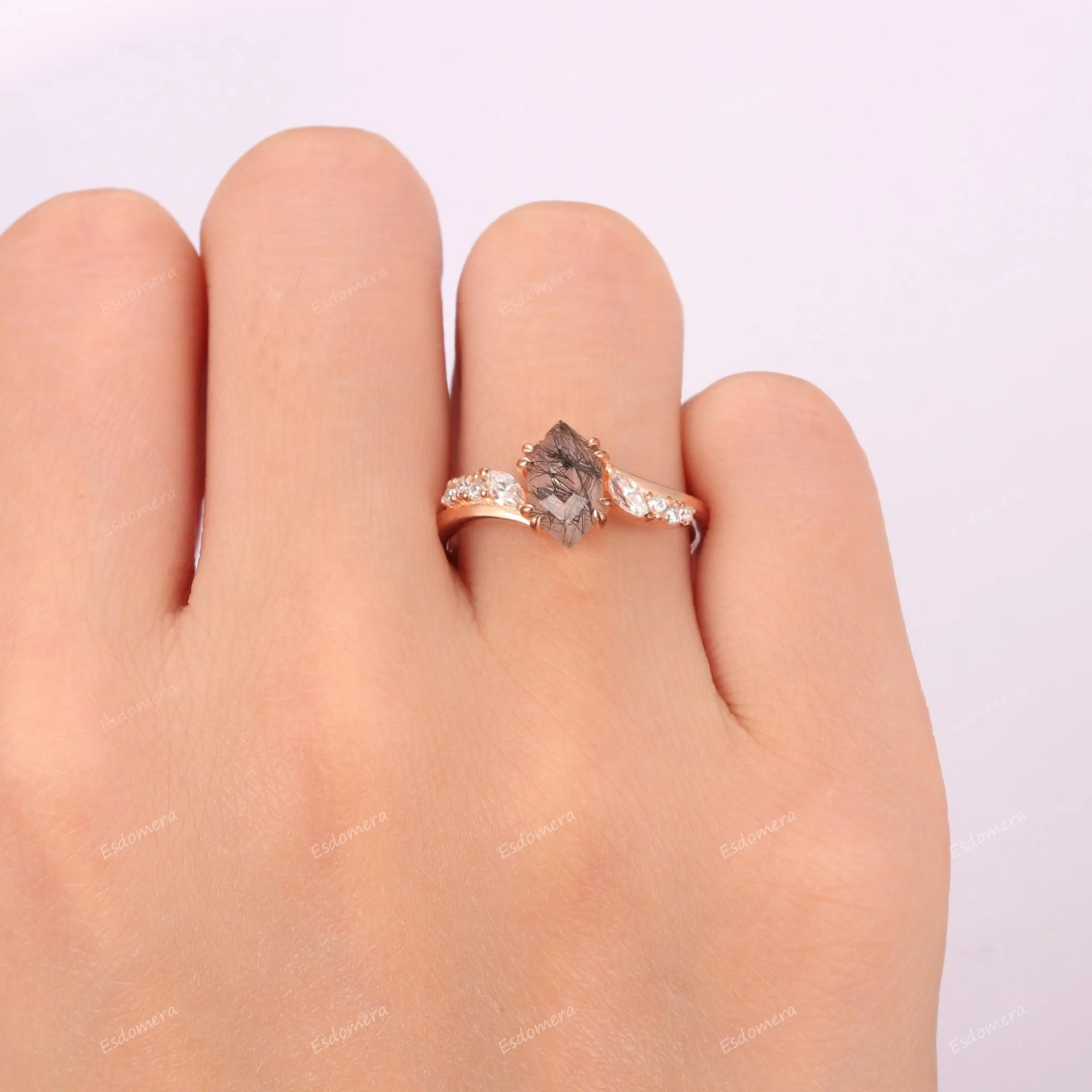 1.1CT Long Hexagon Cut Natural Black Rutilated Quartz 14k Rose Gold Birthday Moissanites Accents Anniversary Ring For Women