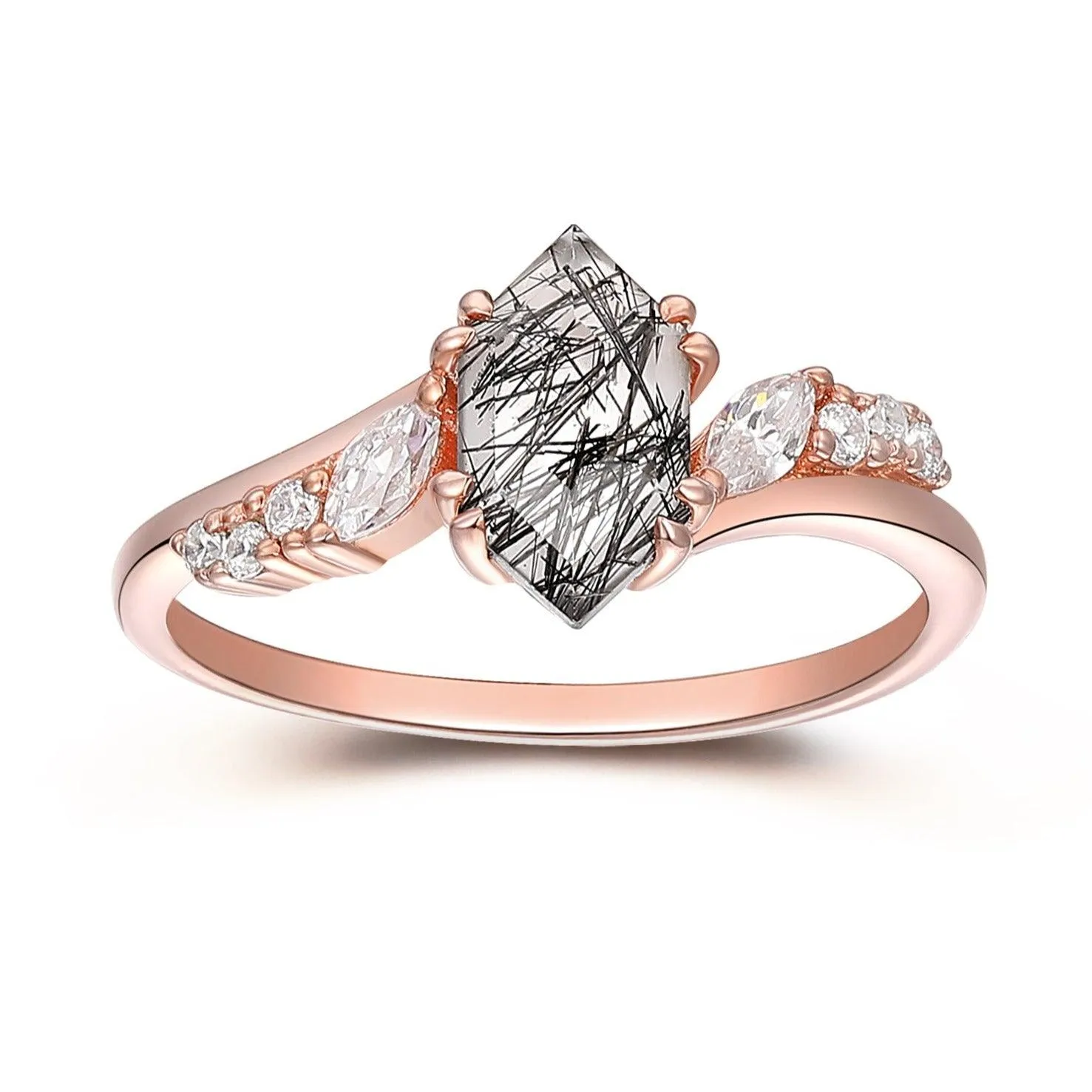 1.1CT Long Hexagon Cut Natural Black Rutilated Quartz 14k Rose Gold Birthday Moissanites Accents Anniversary Ring For Women