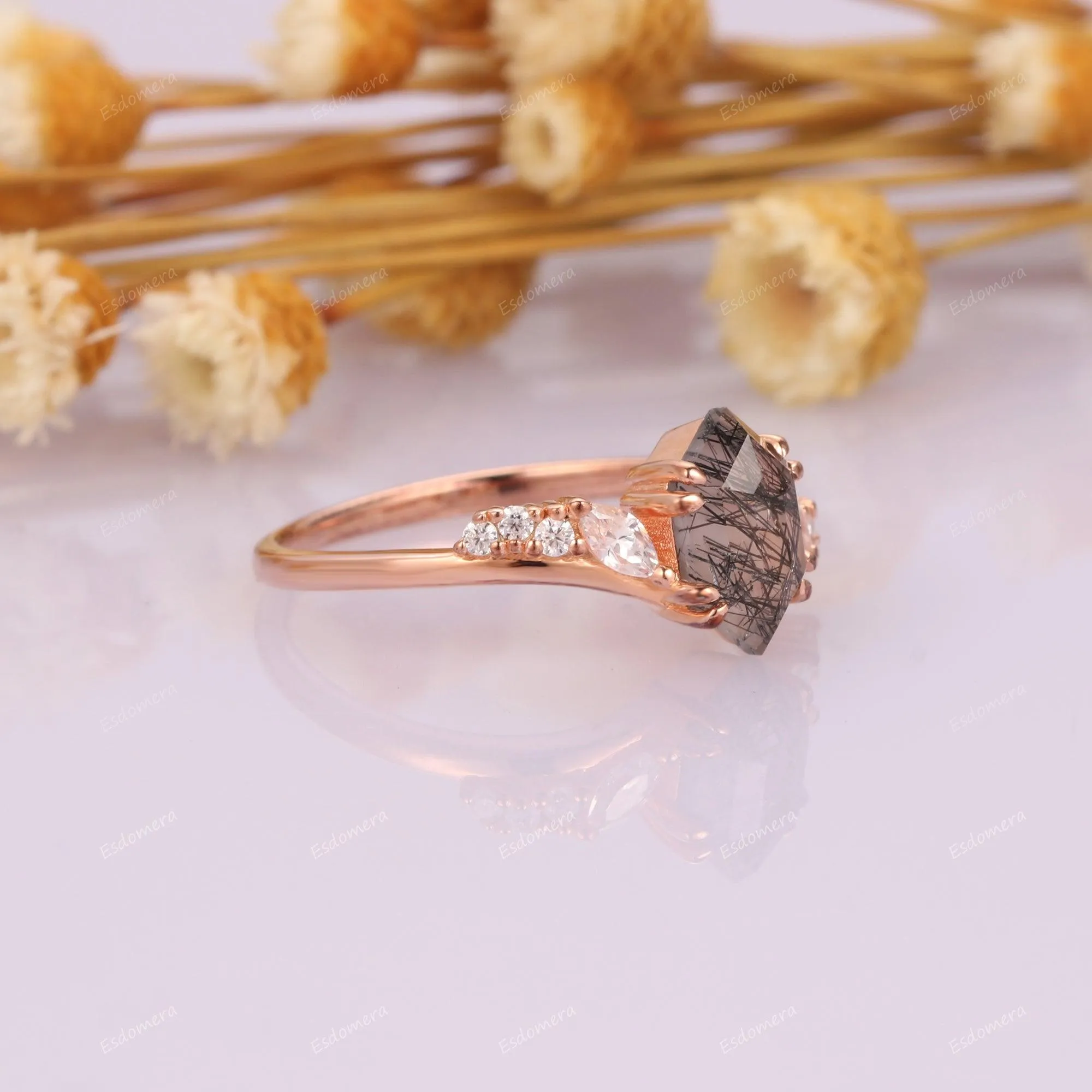 1.1CT Long Hexagon Cut Natural Black Rutilated Quartz 14k Rose Gold Birthday Moissanites Accents Anniversary Ring For Women