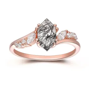 1.1CT Long Hexagon Cut Natural Black Rutilated Quartz 14k Rose Gold Birthday Moissanites Accents Anniversary Ring For Women