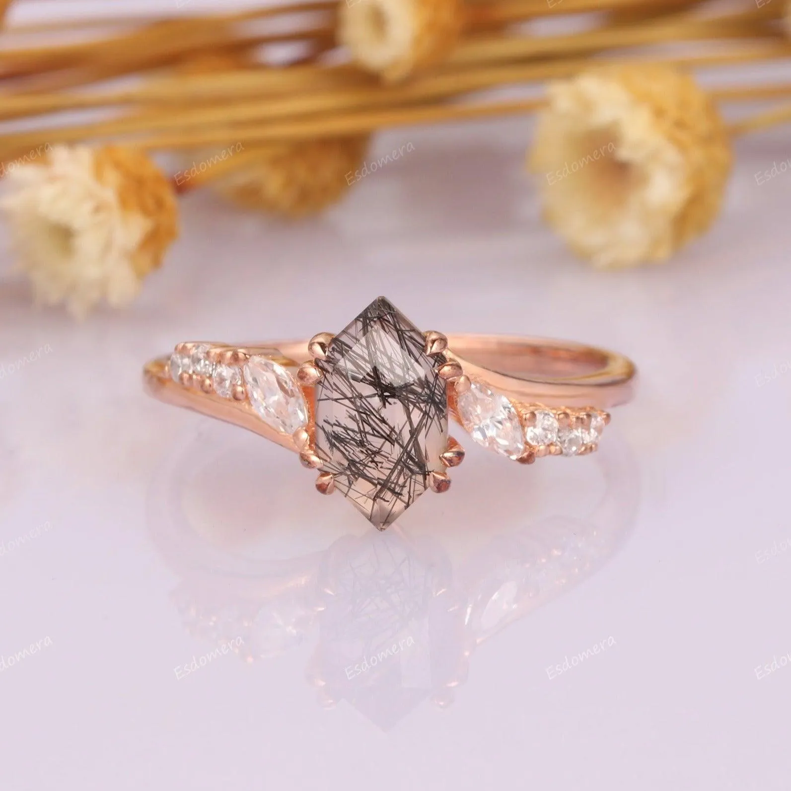 1.1CT Long Hexagon Cut Natural Black Rutilated Quartz 14k Rose Gold Birthday Moissanites Accents Anniversary Ring For Women