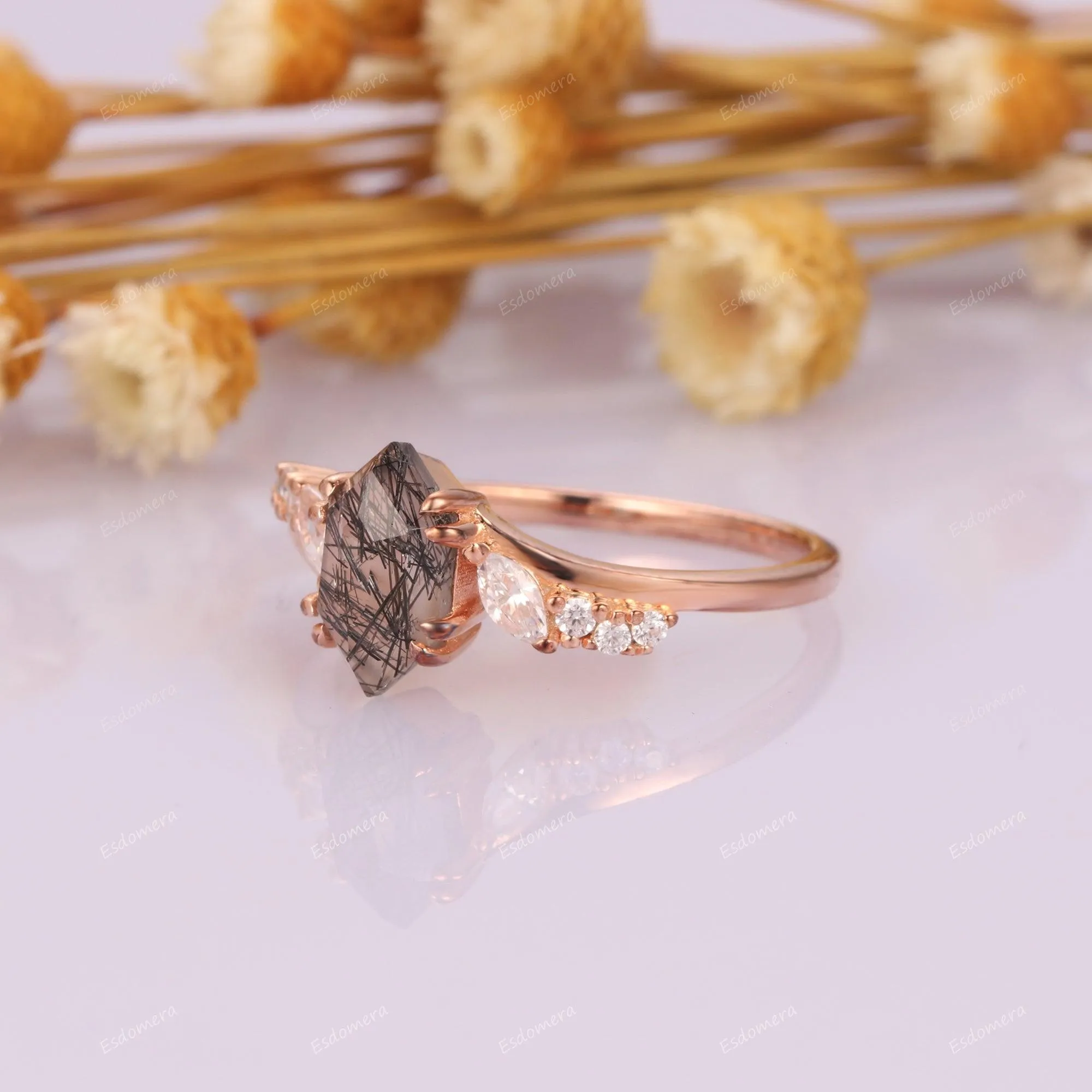 1.1CT Long Hexagon Cut Natural Black Rutilated Quartz 14k Rose Gold Birthday Moissanites Accents Anniversary Ring For Women