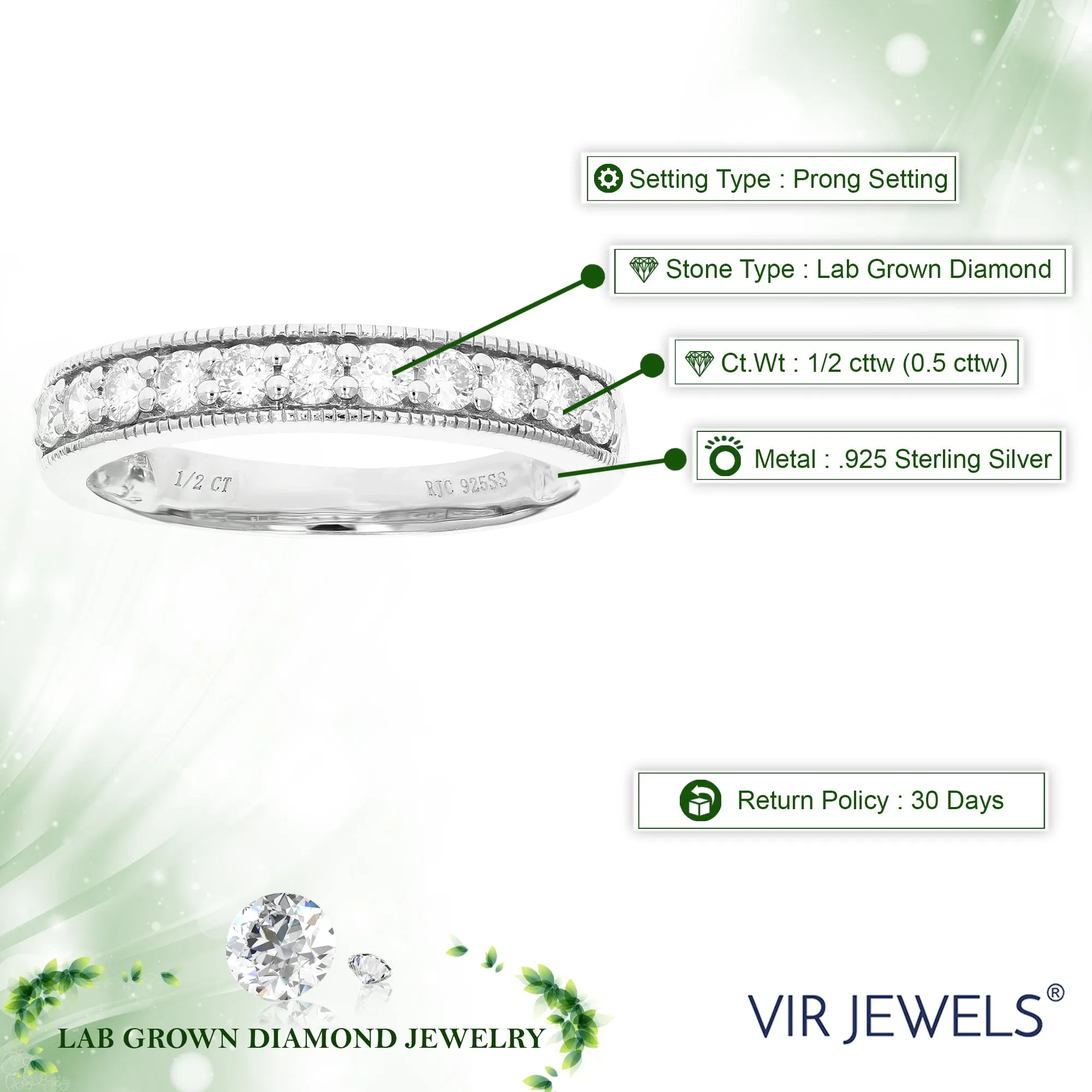 1/2 cttw Lab Grown Diamond Milgrain Wedding Band Sterling Silver
