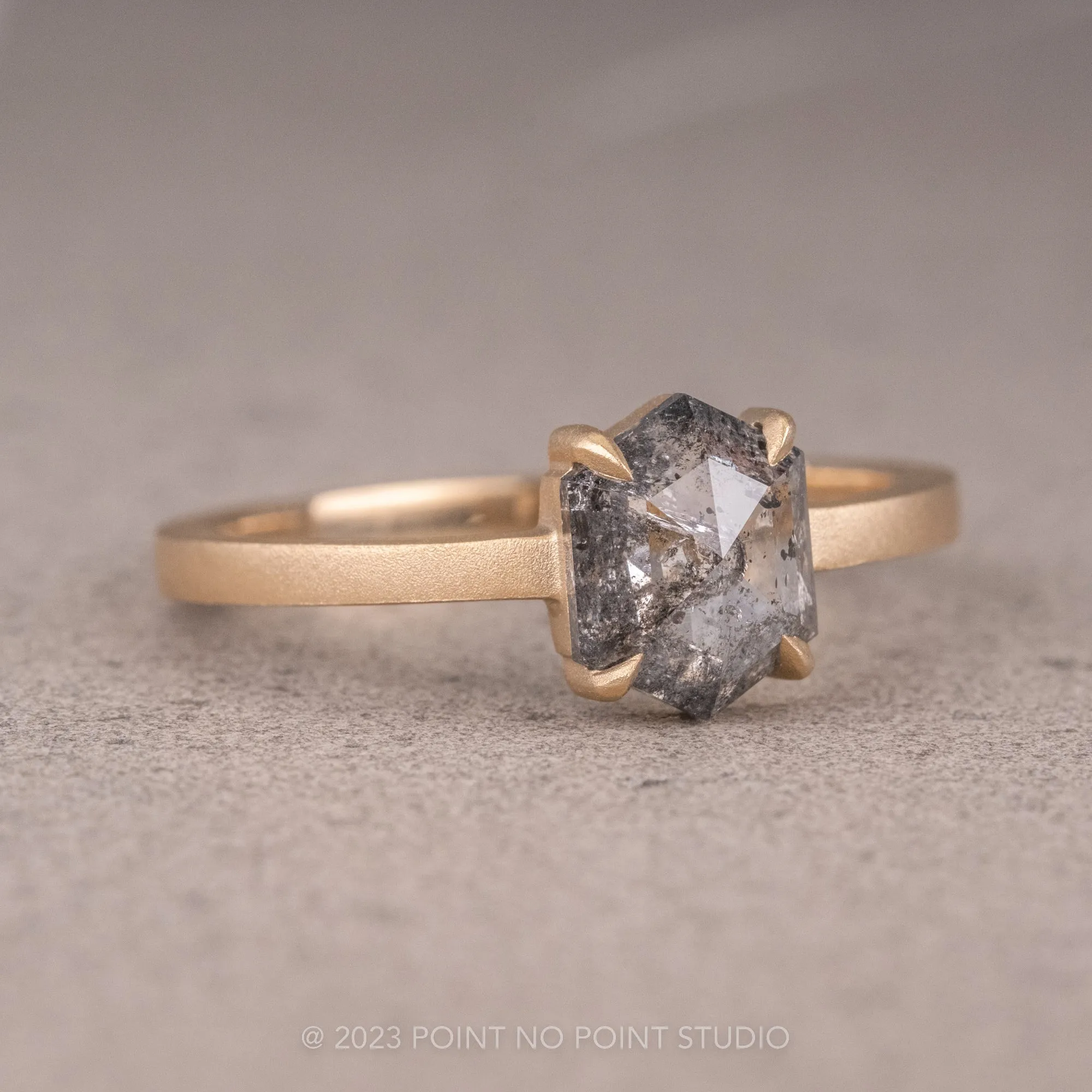 1.20 Carat Salt and Pepper Hexagon Diamond Engagement Ring, Jane Setting, 14K Yellow Gold