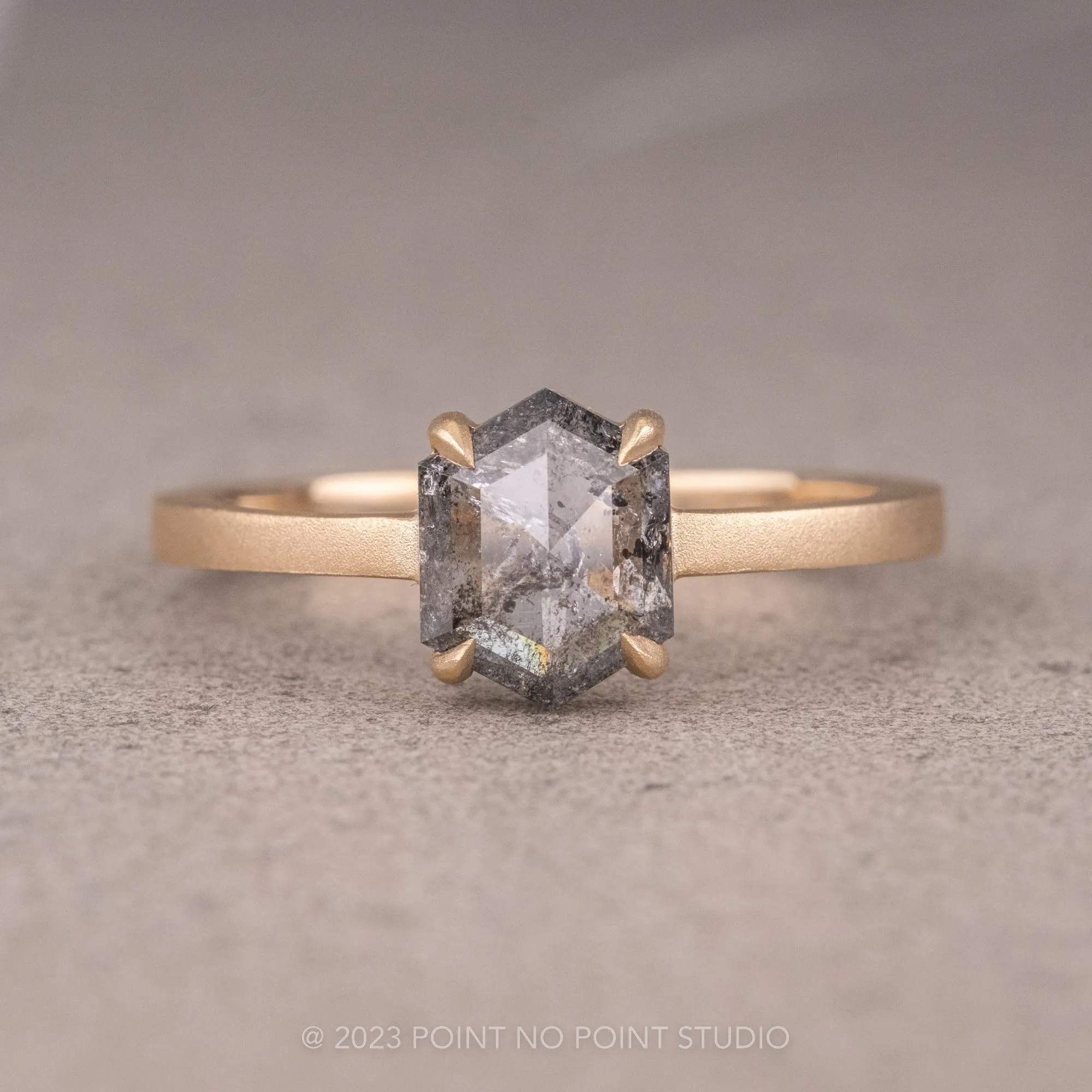 1.20 Carat Salt and Pepper Hexagon Diamond Engagement Ring, Jane Setting, 14K Yellow Gold