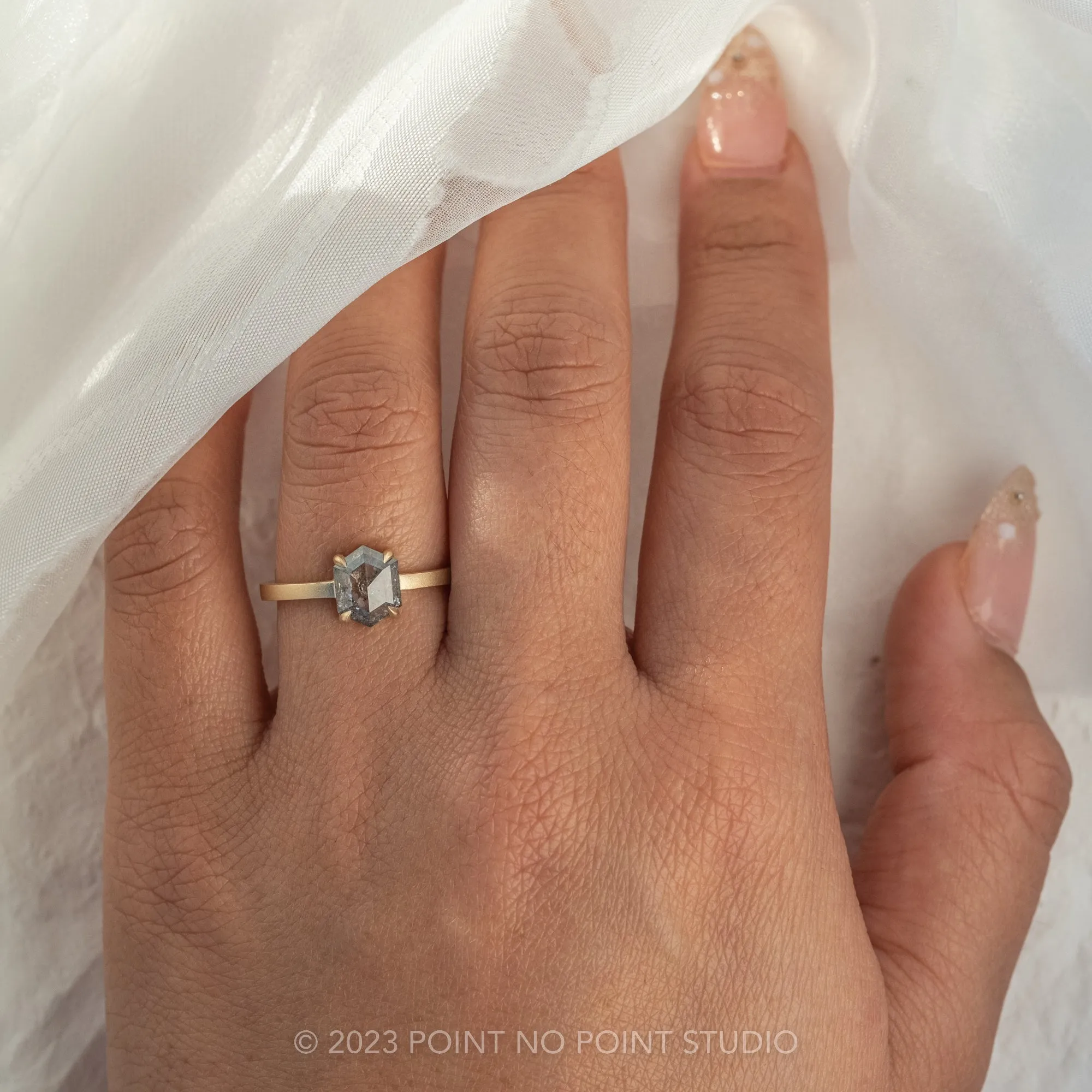 1.20 Carat Salt and Pepper Hexagon Diamond Engagement Ring, Jane Setting, 14K Yellow Gold