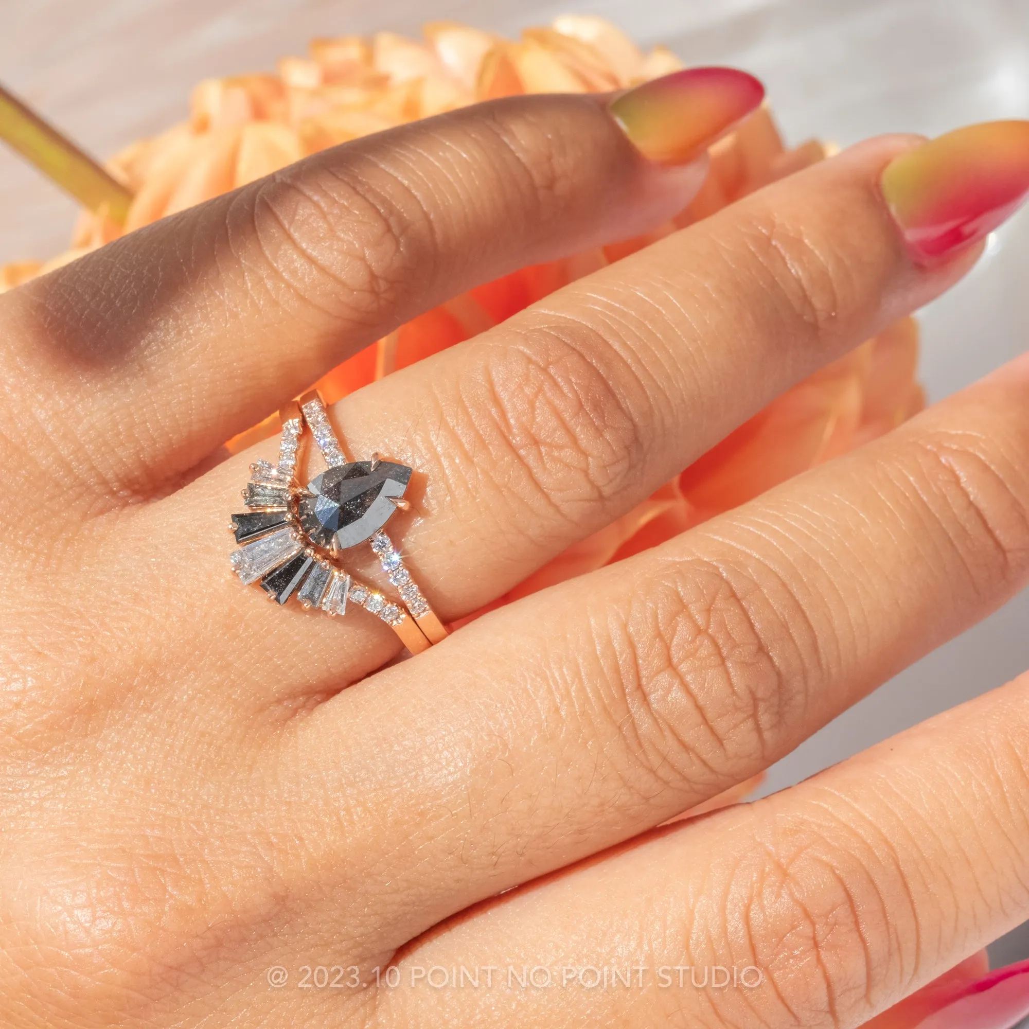 1.21 Carat Black Speckled Pear Diamond Engagement Ring, Jules Setting, 14K Rose Gold