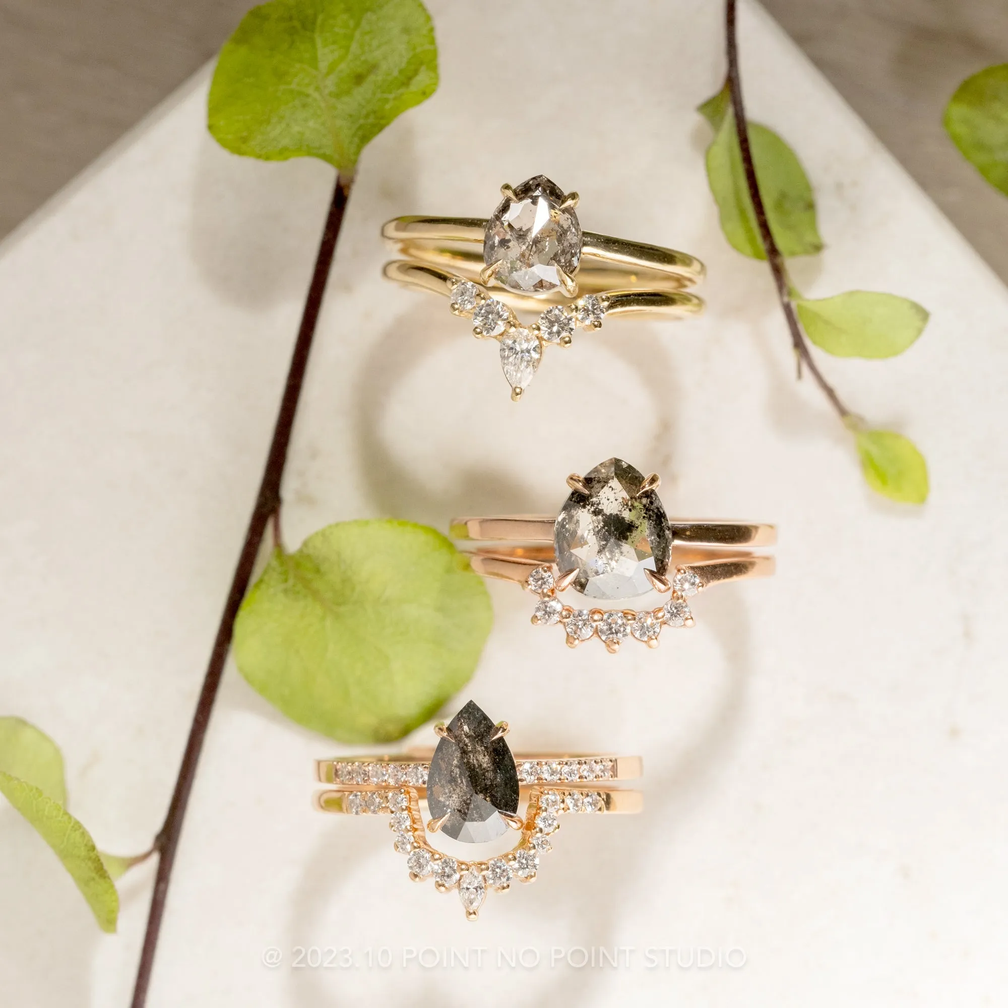 1.21 Carat Black Speckled Pear Diamond Engagement Ring, Jules Setting, 14K Rose Gold