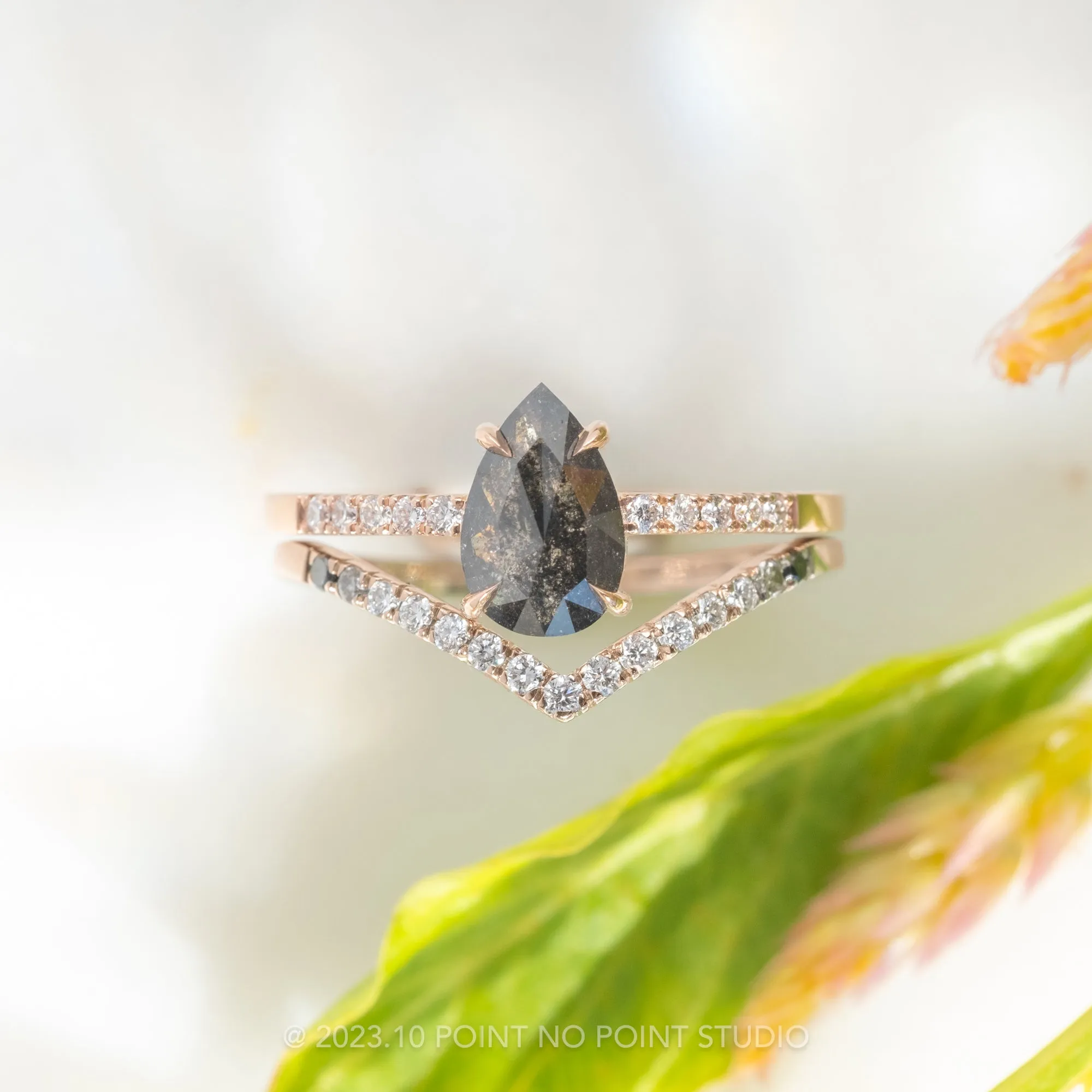 1.21 Carat Black Speckled Pear Diamond Engagement Ring, Jules Setting, 14K Rose Gold