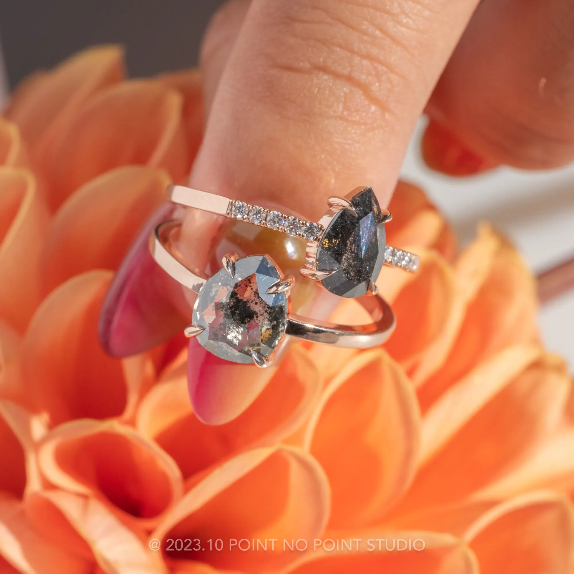 1.21 Carat Black Speckled Pear Diamond Engagement Ring, Jules Setting, 14K Rose Gold