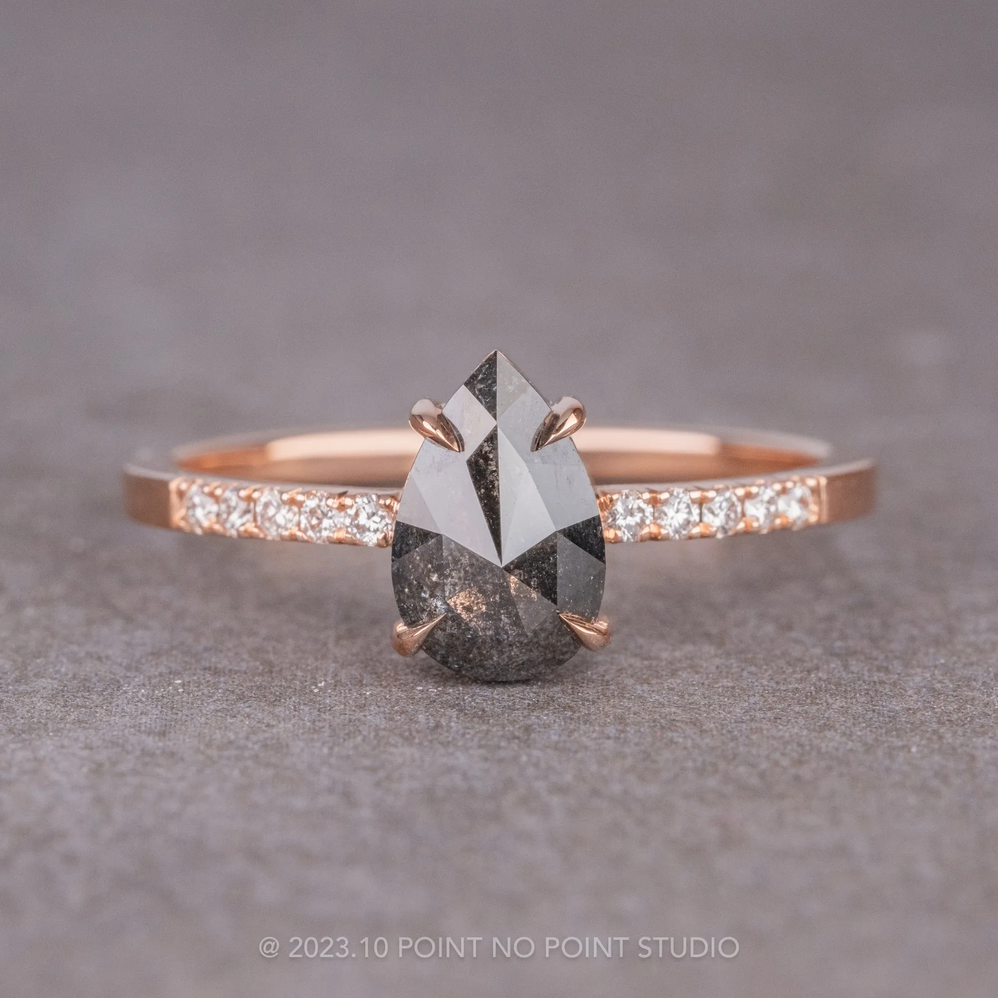 1.21 Carat Black Speckled Pear Diamond Engagement Ring, Jules Setting, 14K Rose Gold