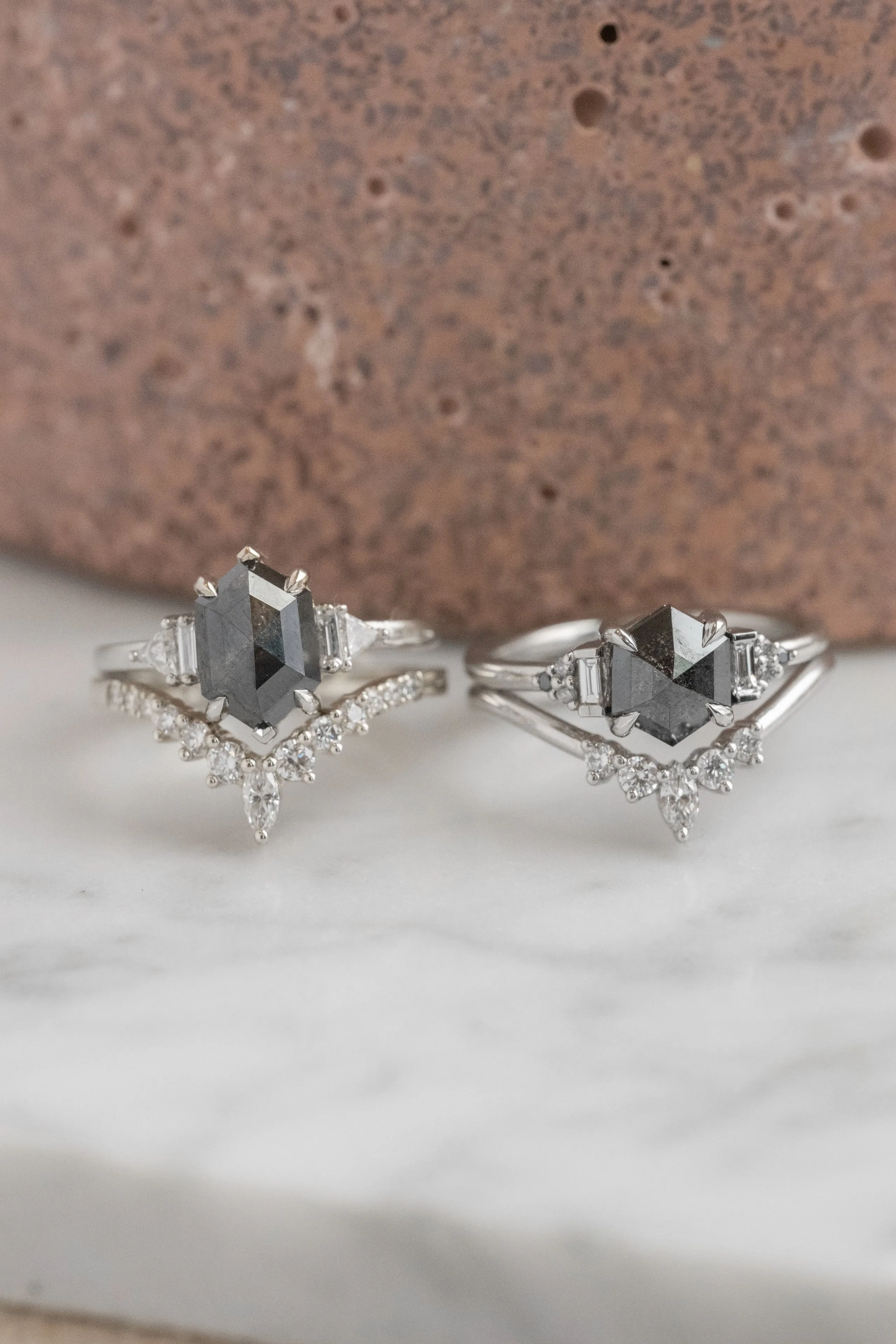1.22 Carat Black Speckled Hexagon Diamond Engagement Ring, Ombre Dahlia Setting, 14K White Gold