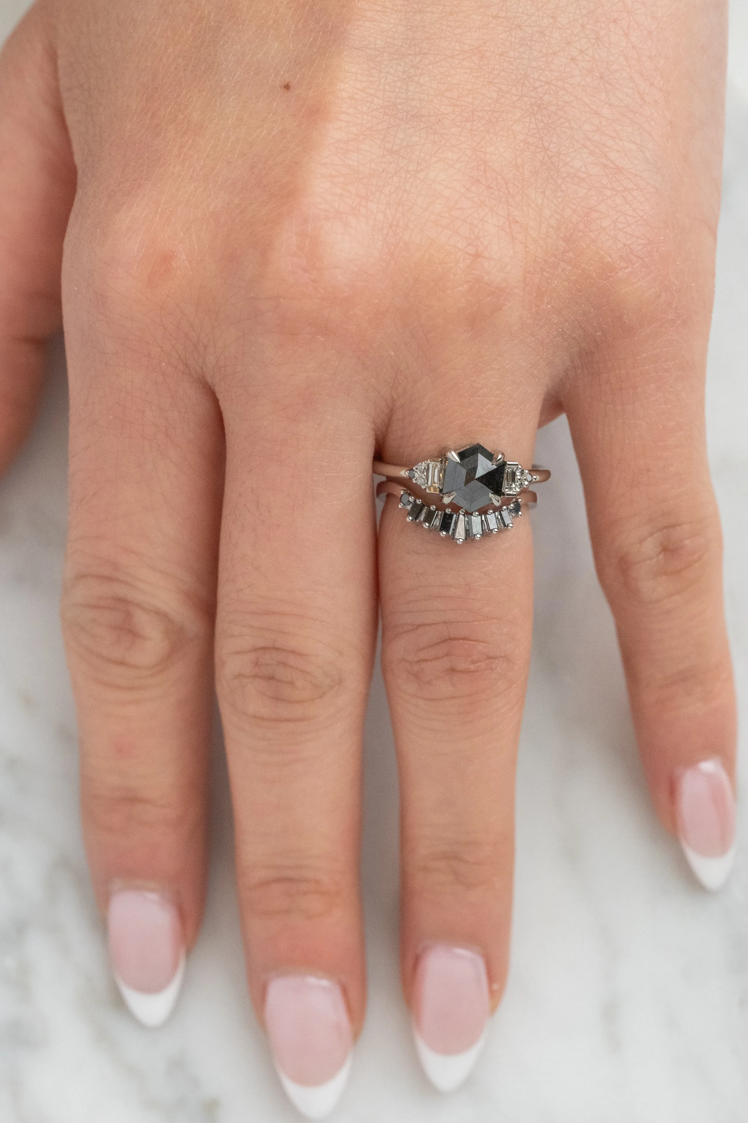 1.22 Carat Black Speckled Hexagon Diamond Engagement Ring, Ombre Dahlia Setting, 14K White Gold