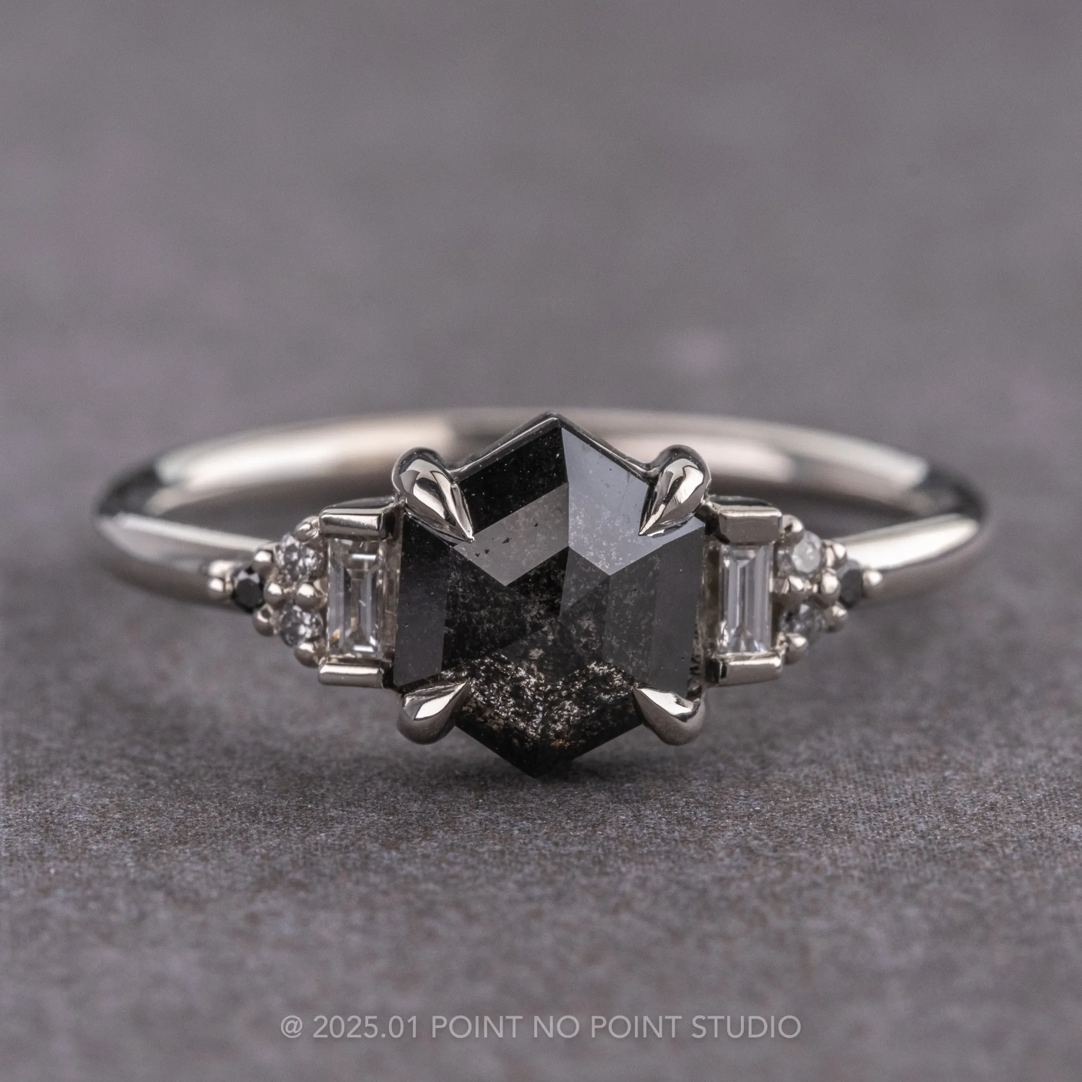 1.22 Carat Black Speckled Hexagon Diamond Engagement Ring, Ombre Dahlia Setting, 14K White Gold