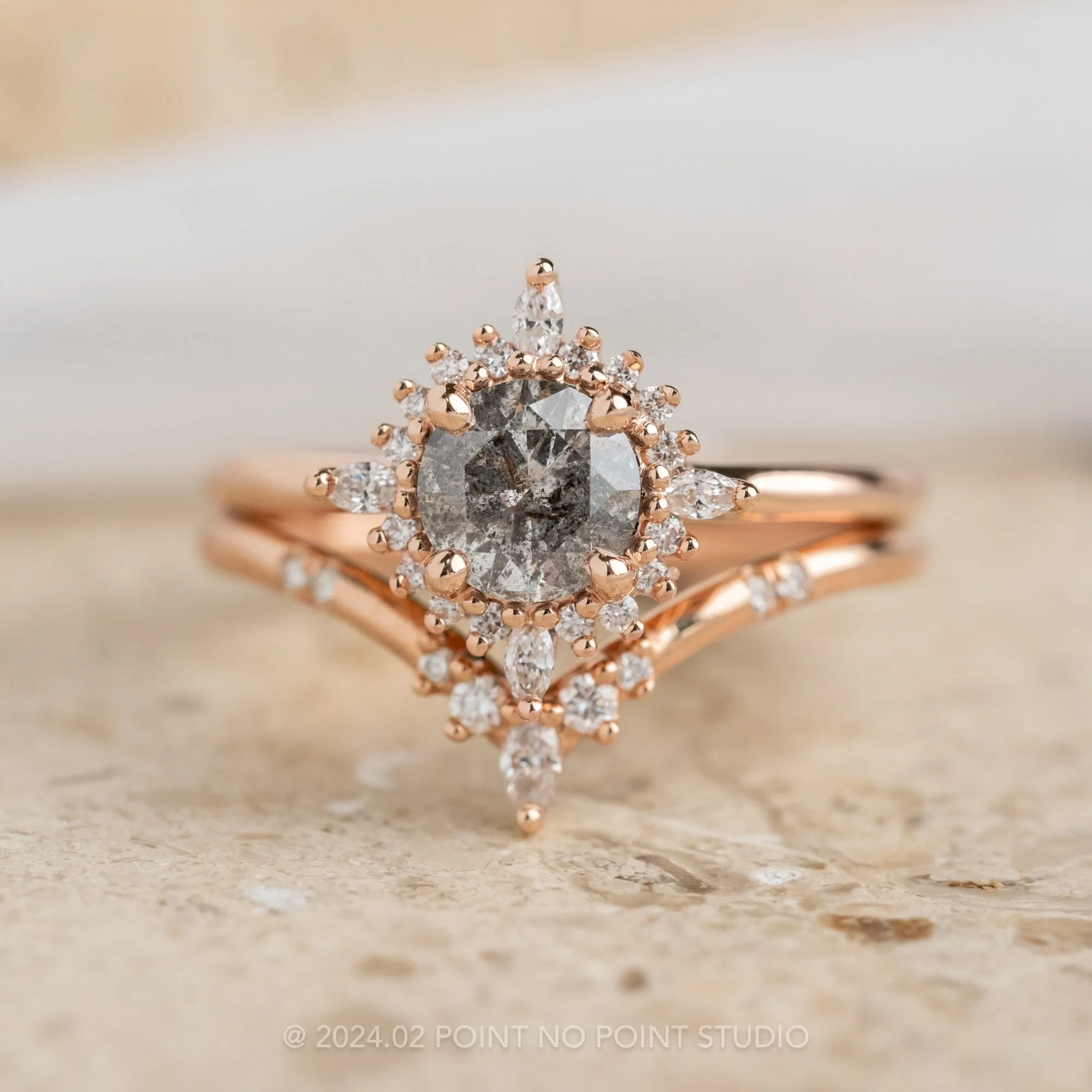 1.22 Carat Salt and Pepper Round Diamond Engagement Ring, Cosette Setting, 14k Rose Gold
