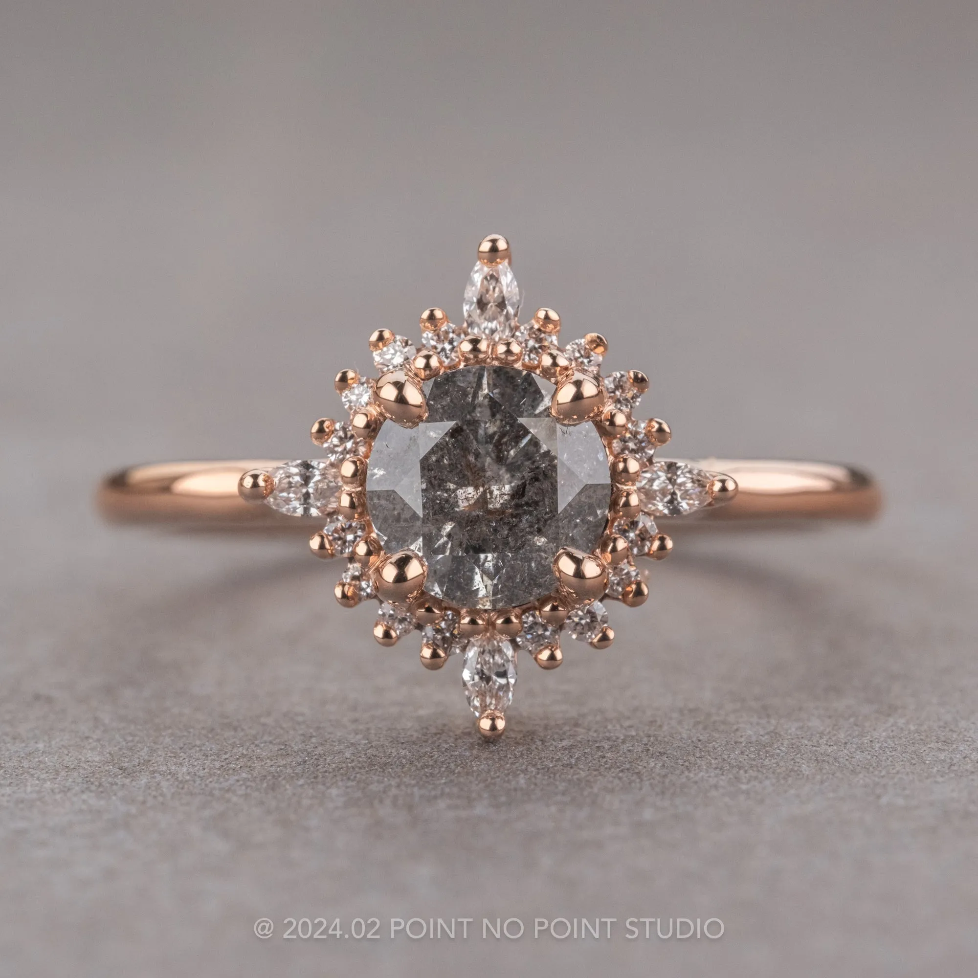 1.22 Carat Salt and Pepper Round Diamond Engagement Ring, Cosette Setting, 14k Rose Gold