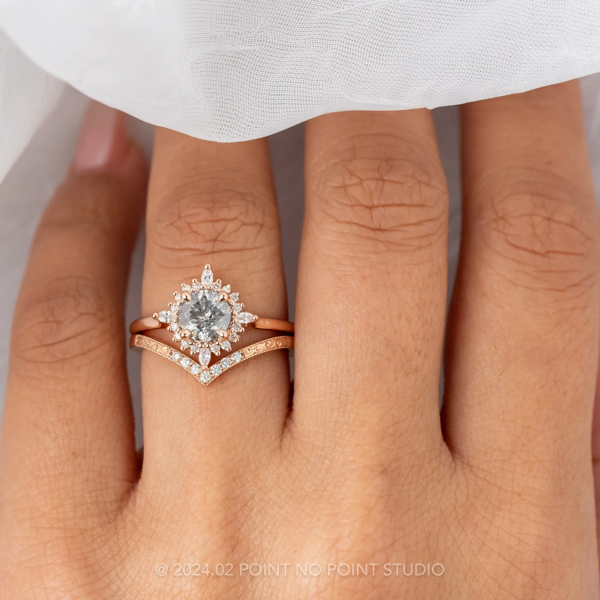 1.22 Carat Salt and Pepper Round Diamond Engagement Ring, Cosette Setting, 14k Rose Gold