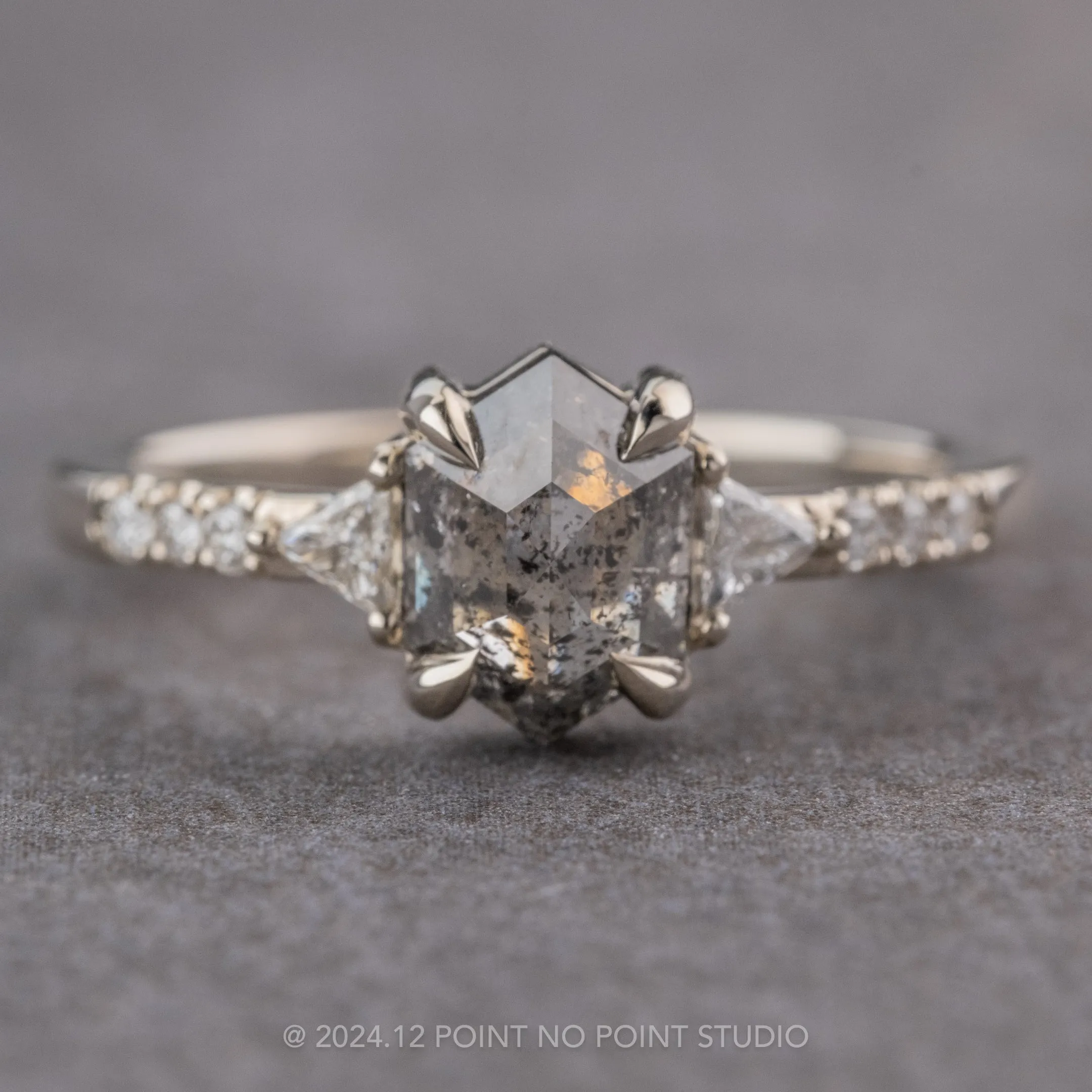 1.23 Carat Salt and Pepper Hexagon Diamond Engagement Ring, Eliza Setting, 14k White Gold