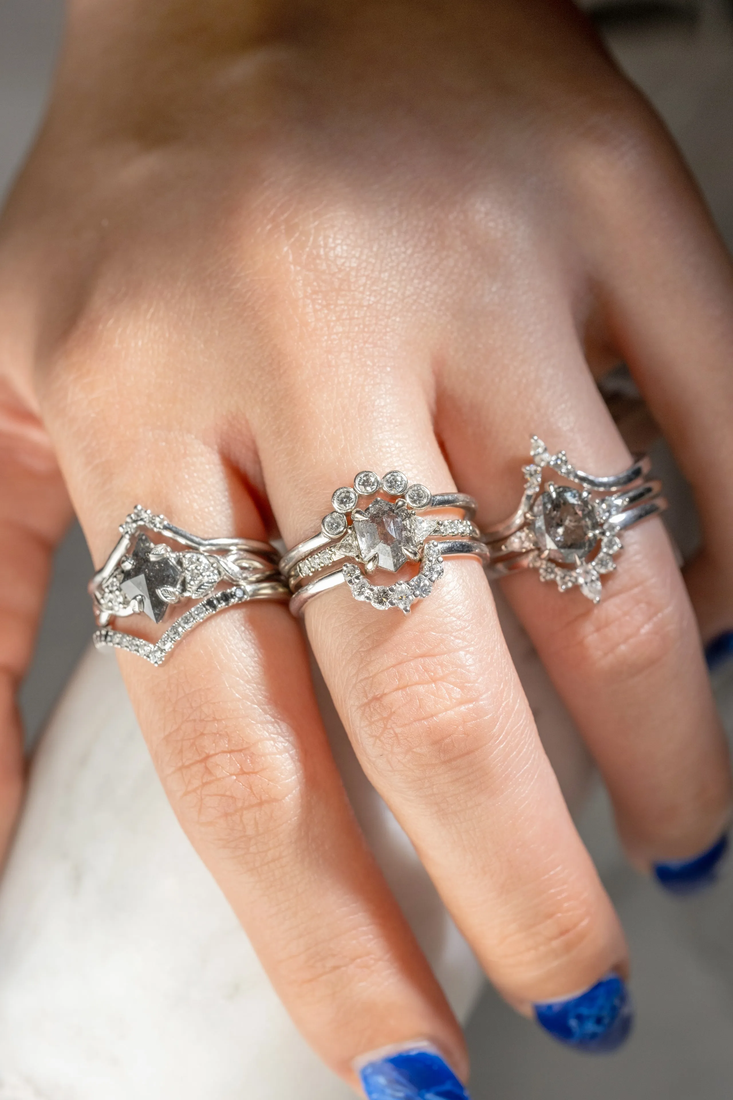 1.23 Carat Salt and Pepper Hexagon Diamond Engagement Ring, Eliza Setting, 14k White Gold