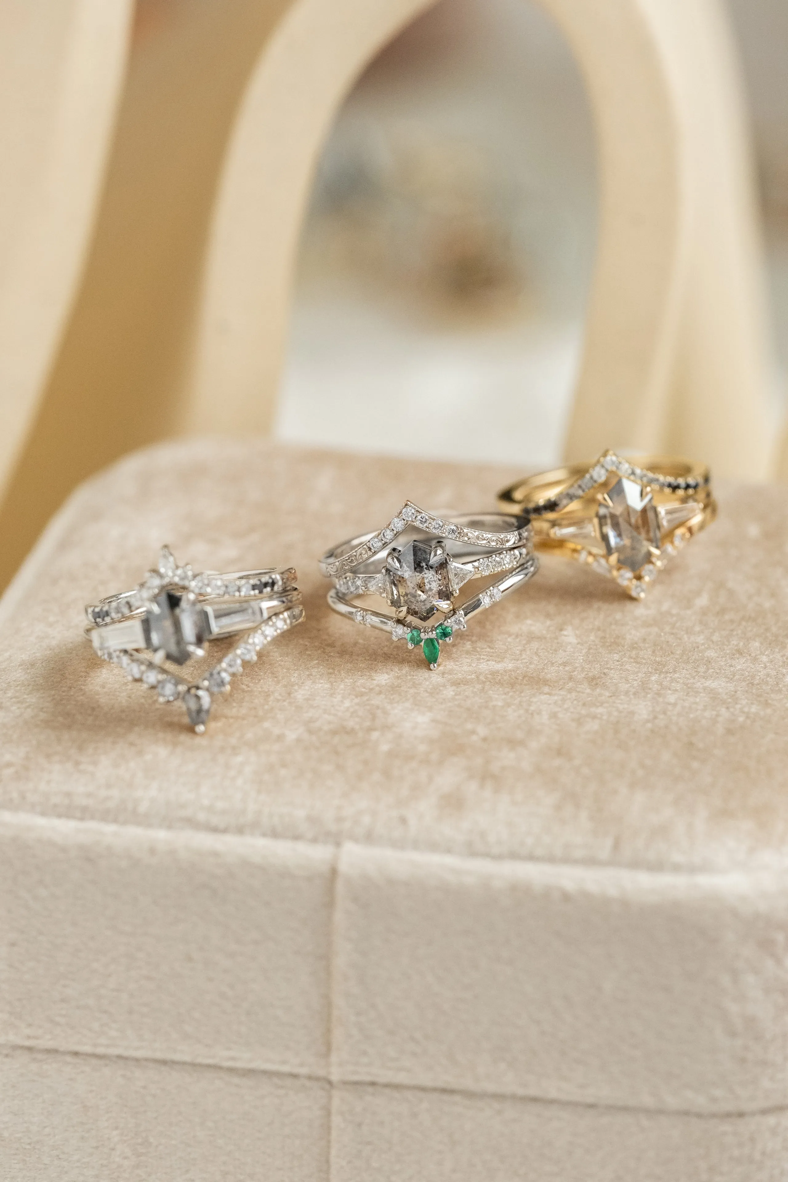 1.23 Carat Salt and Pepper Hexagon Diamond Engagement Ring, Eliza Setting, 14k White Gold