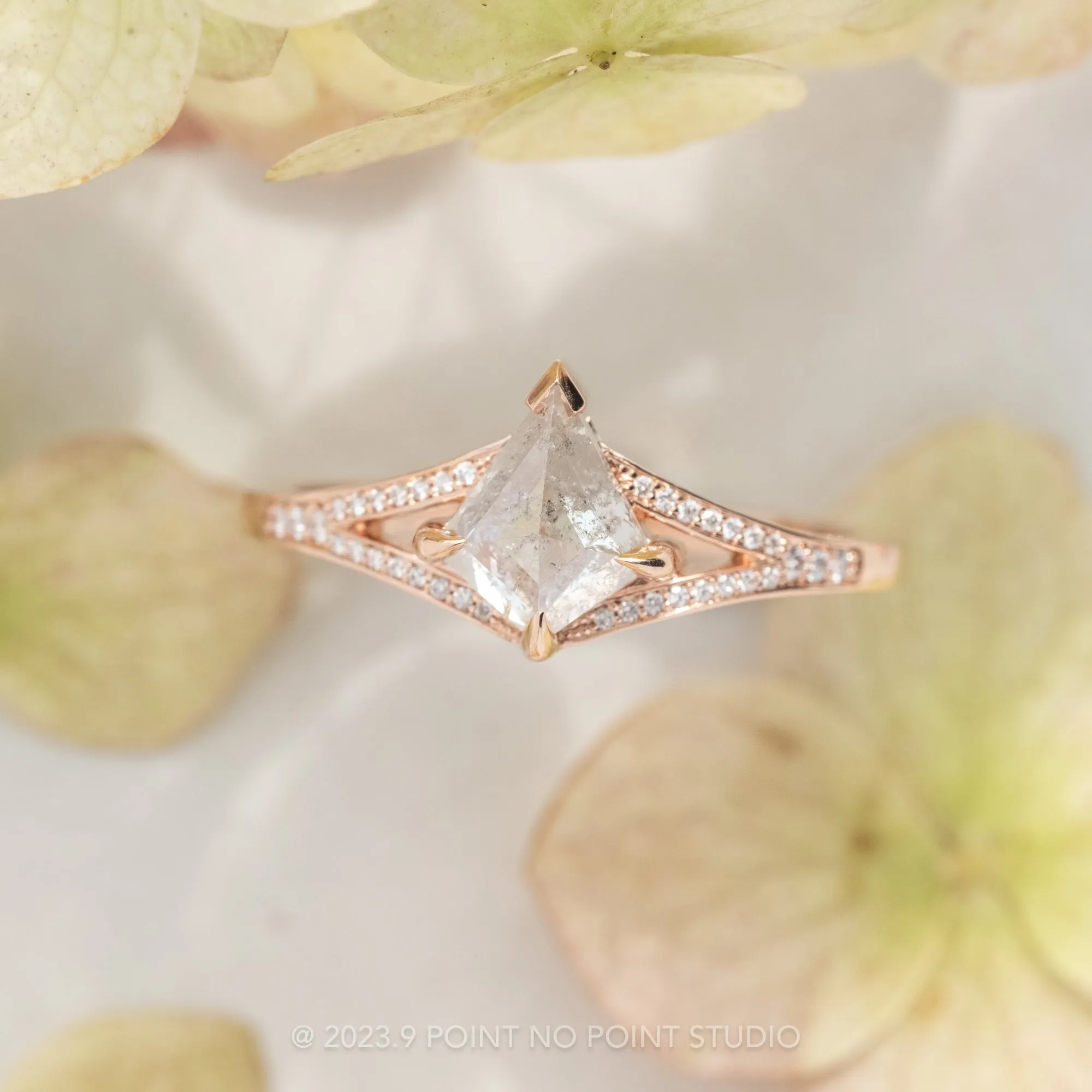 1.23 Carat Salt and Pepper Kite Diamond Engagement Ring, River Setting, 14K Rose Gold