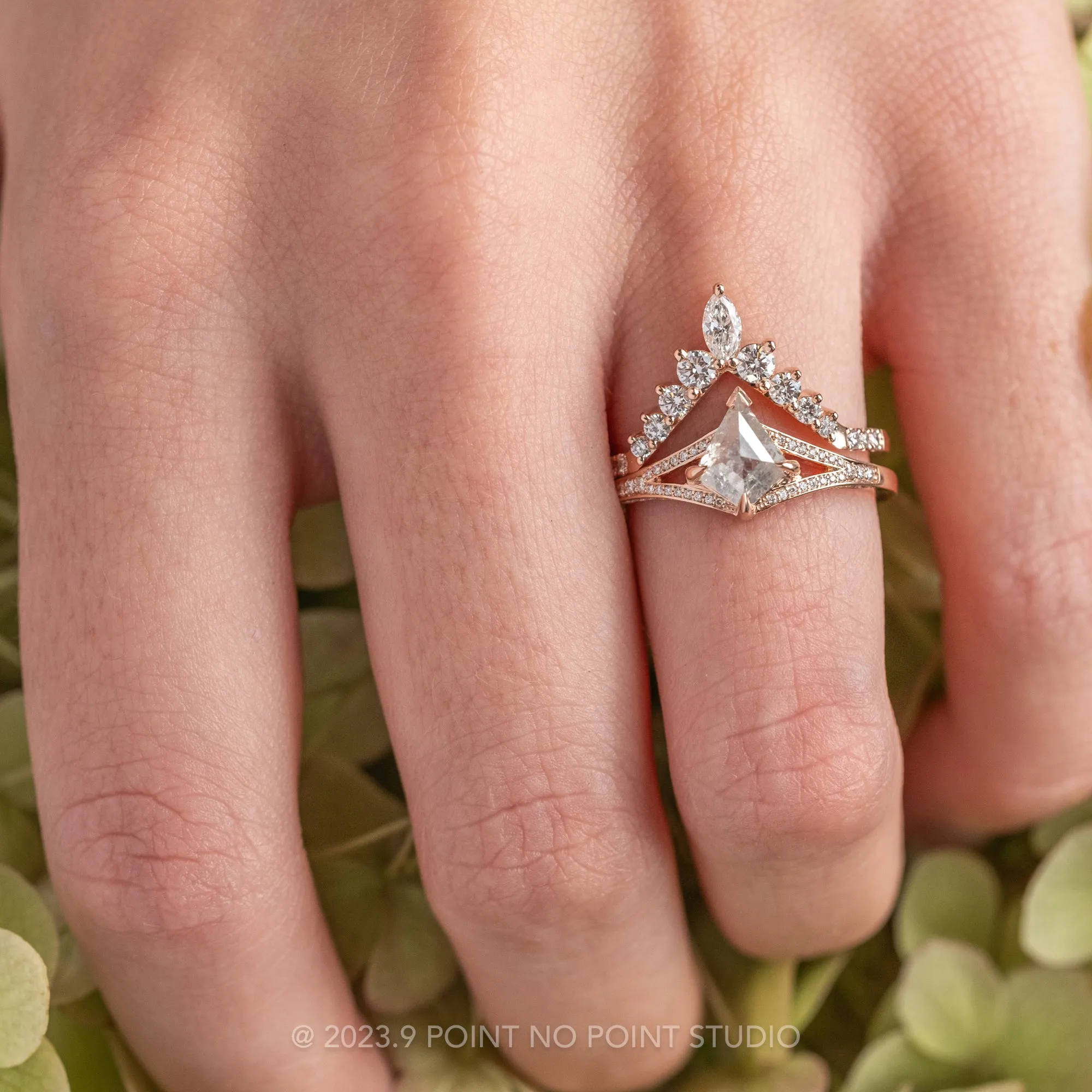 1.23 Carat Salt and Pepper Kite Diamond Engagement Ring, River Setting, 14K Rose Gold