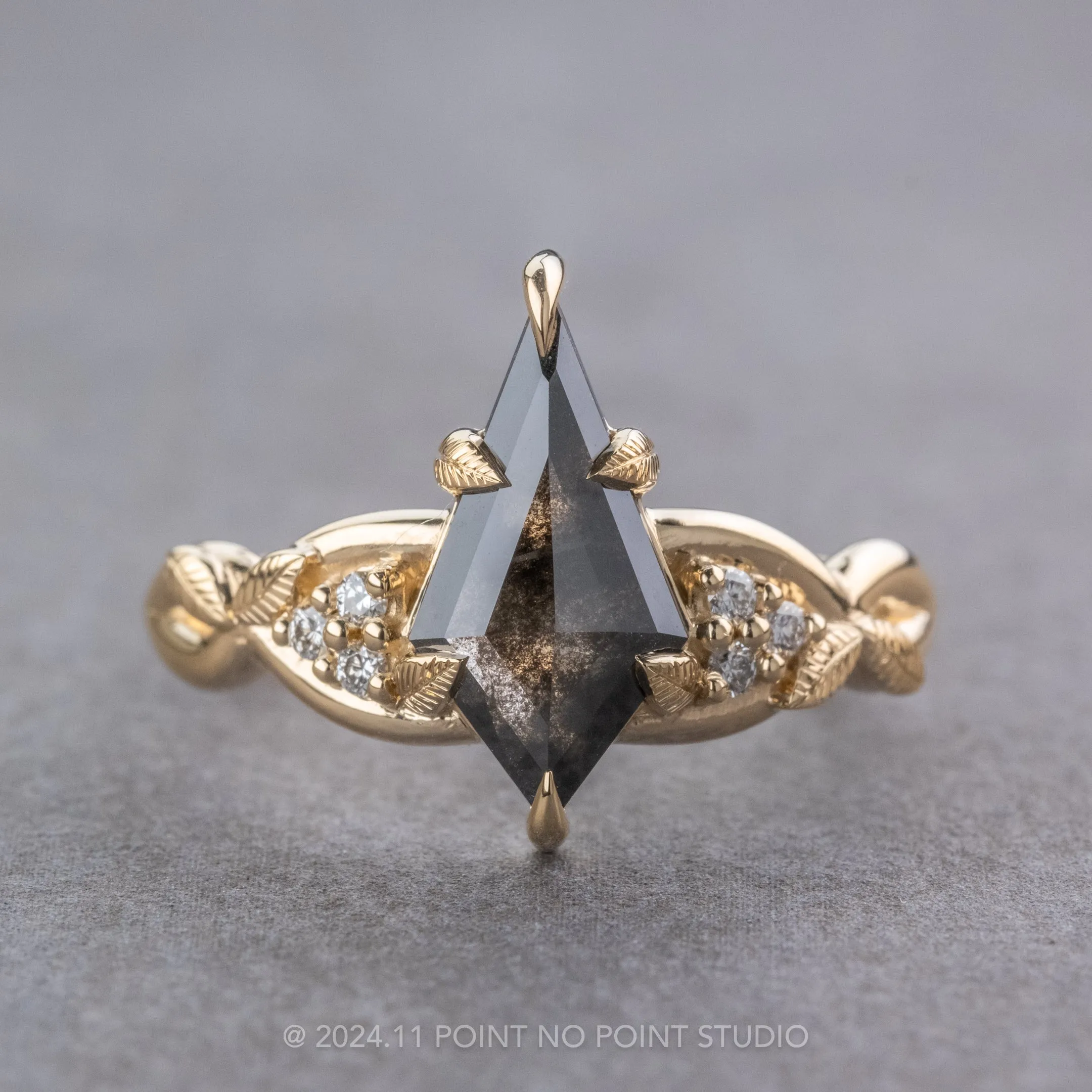 1.25 Carat Black Speckled Kite Diamond Engagement Ring, Leaf Quinn Setting, 14k Yellow Gold