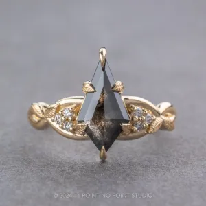 1.25 Carat Black Speckled Kite Diamond Engagement Ring, Leaf Quinn Setting, 14k Yellow Gold