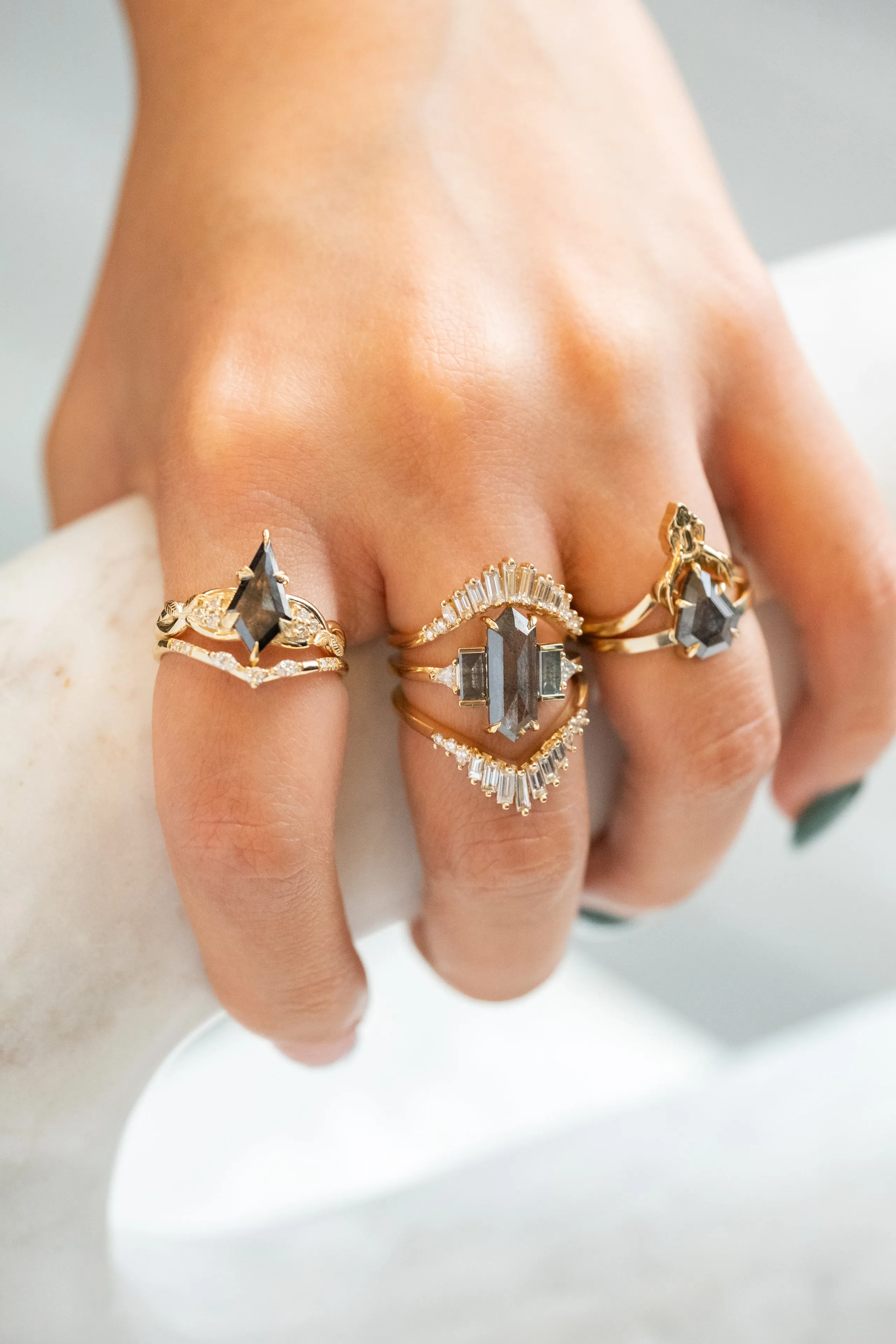 1.25 Carat Black Speckled Kite Diamond Engagement Ring, Leaf Quinn Setting, 14k Yellow Gold