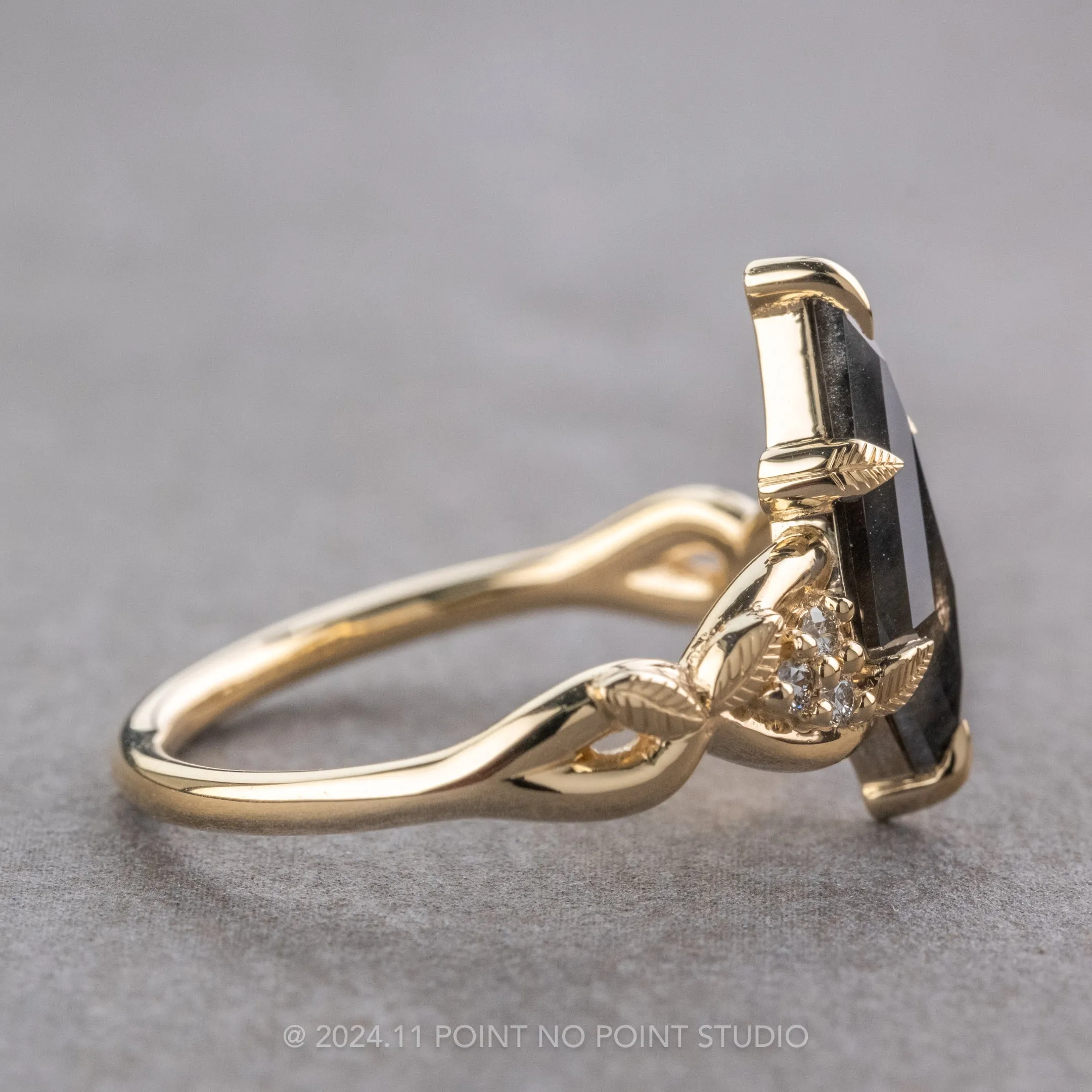 1.25 Carat Black Speckled Kite Diamond Engagement Ring, Leaf Quinn Setting, 14k Yellow Gold