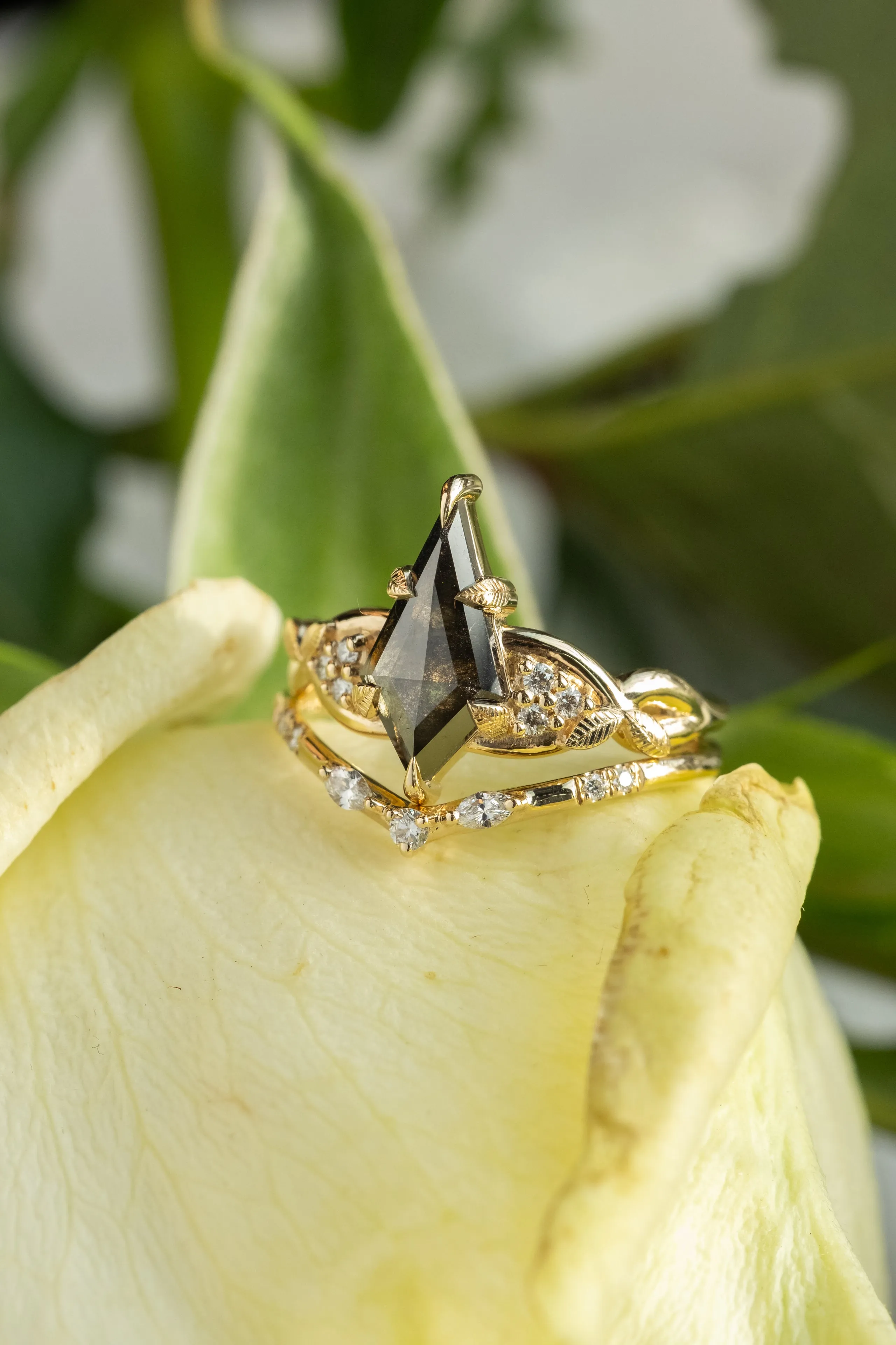 1.25 Carat Black Speckled Kite Diamond Engagement Ring, Leaf Quinn Setting, 14k Yellow Gold