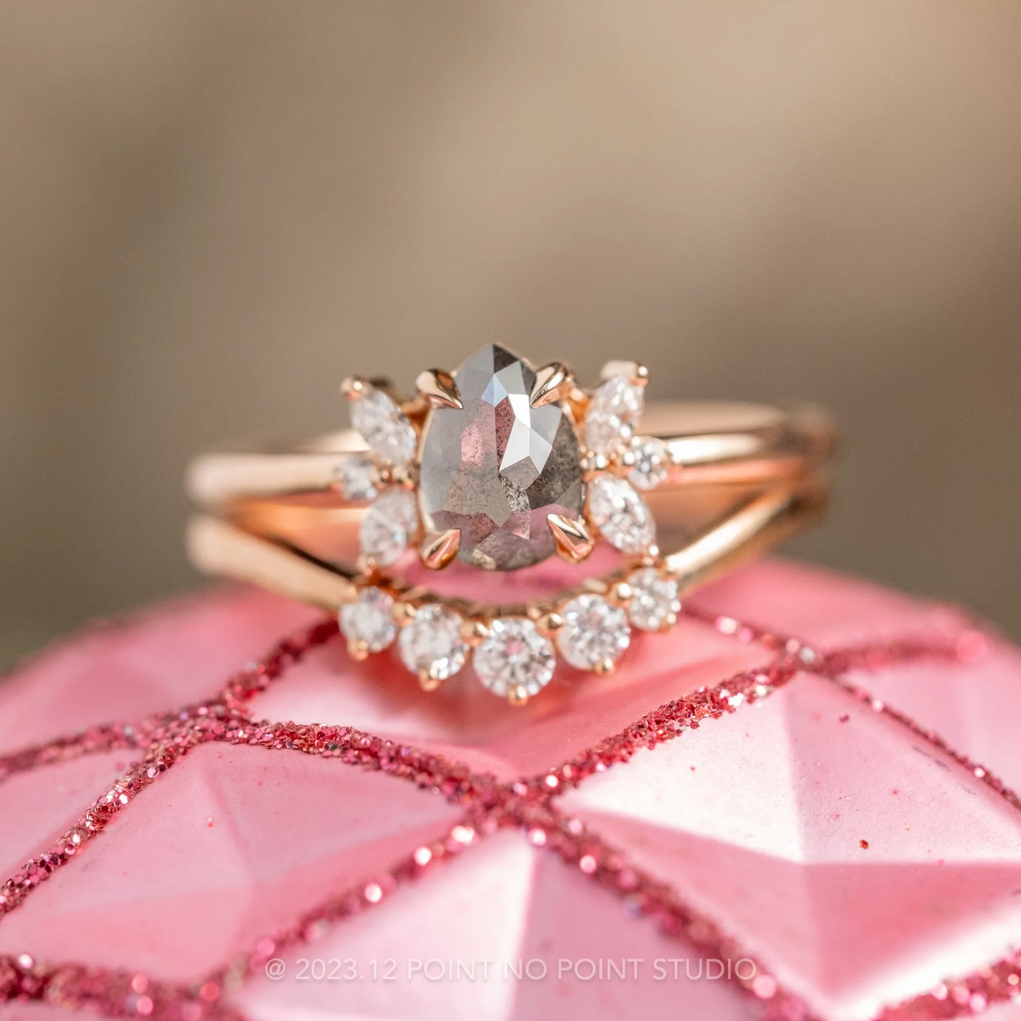 1.25 Carat Salt and Pepper Pear Diamond Engagement Ring, Apollo Setting, 14k Rose Gold