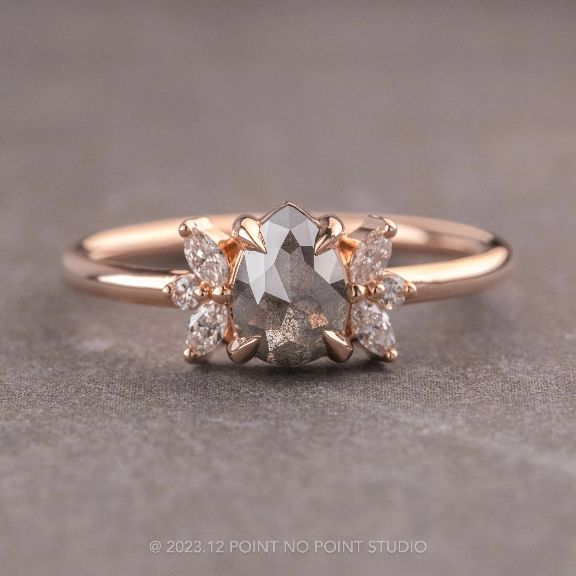 1.25 Carat Salt and Pepper Pear Diamond Engagement Ring, Apollo Setting, 14k Rose Gold