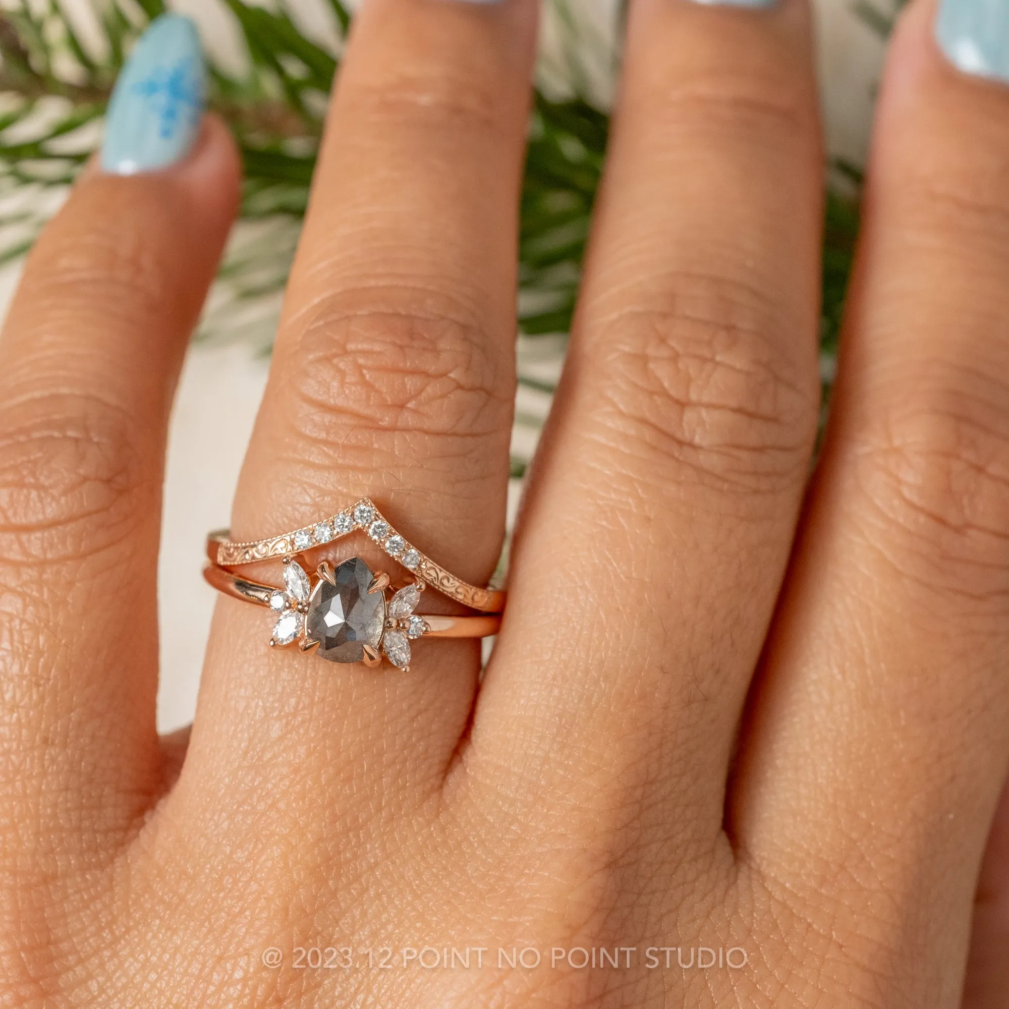 1.25 Carat Salt and Pepper Pear Diamond Engagement Ring, Apollo Setting, 14k Rose Gold