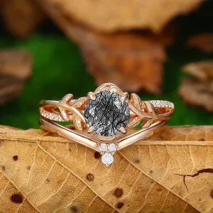 1.25CT Round Cut Filigree Leaf Vine Natural Black Rutilated Quartz Engagement Ring Rose Gold Shaped Band